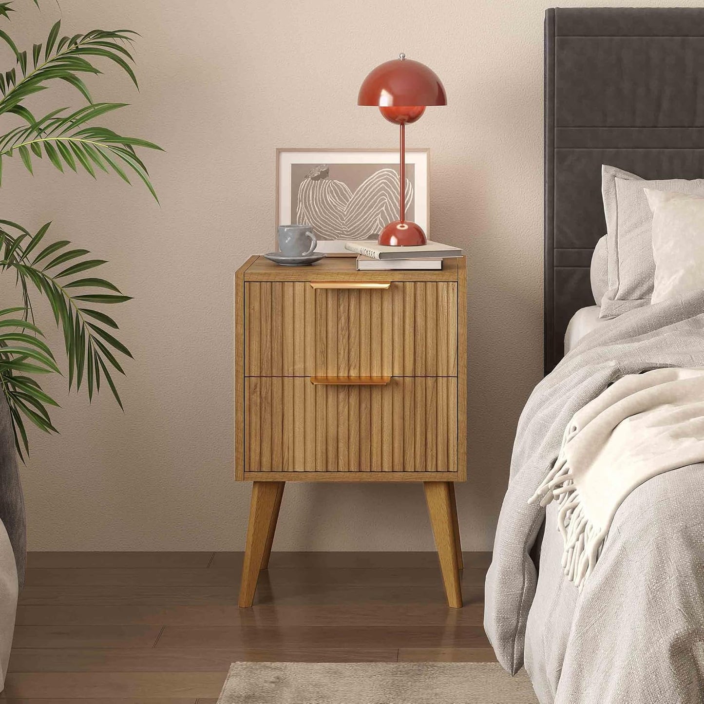 Fluted Nightstand with 2 Drawers,Modern Bedside Table with Metal Handles,White Side Table with Solid Wood Legs,Mid Century End Table for Living Room,Bedroom,Caramel Oak CTG55BR