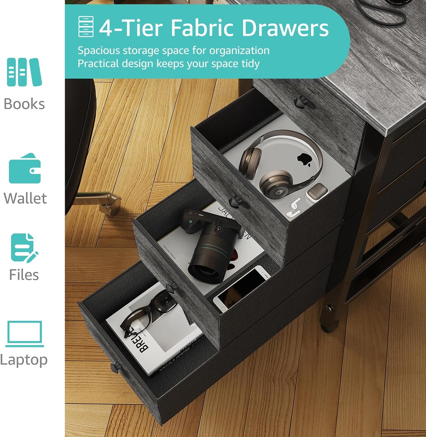 Lufeiya 47 inch Computer Desk with 4 Fabric Drawers, Writing Work Study Desk for Home Office Bedroom, Modern Simple Student PC Desks, Gray