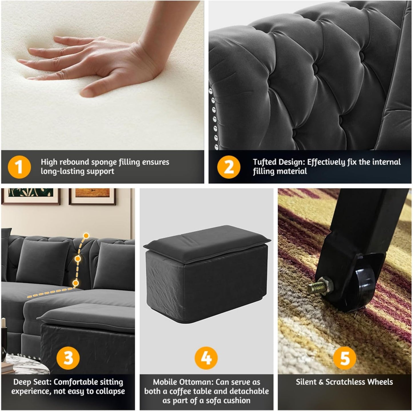 KEIKI 89" W 3-in-1 Pull-Out Convertible Chesterfield Sofa Bed, King Size Velvet Tufted Couch with Movable Ottoman, Chaise Lounge, 3-Seater for Living Room, Bedroom, Office, Gray