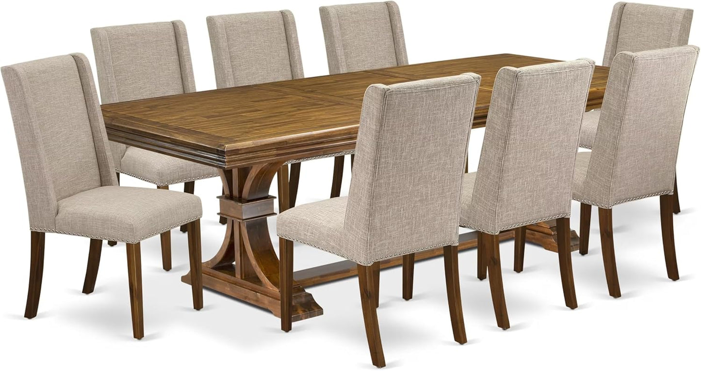 NEFL9-AWA-04-9-Piece Kitchen Set Consists of a Dinner Table and 8 Light Tan Linen Fabric Parson Chairs with Padded Chair Back - Antique Walnut Finish.
