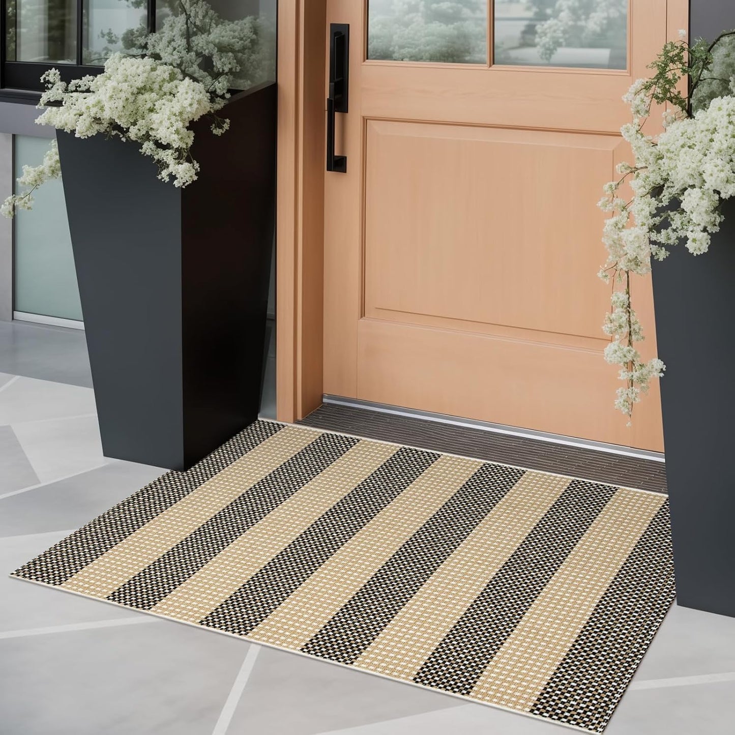 OJIA Fall Front Door Mat Outside Entrance 24"x35" Tan Halloween Doormat Front Door Rug Washable Porch Rugs Woven Striped Outdoor Rugs Entryway Rugs Indoor Small Area Rug for Kitchen Entry Bathroom
