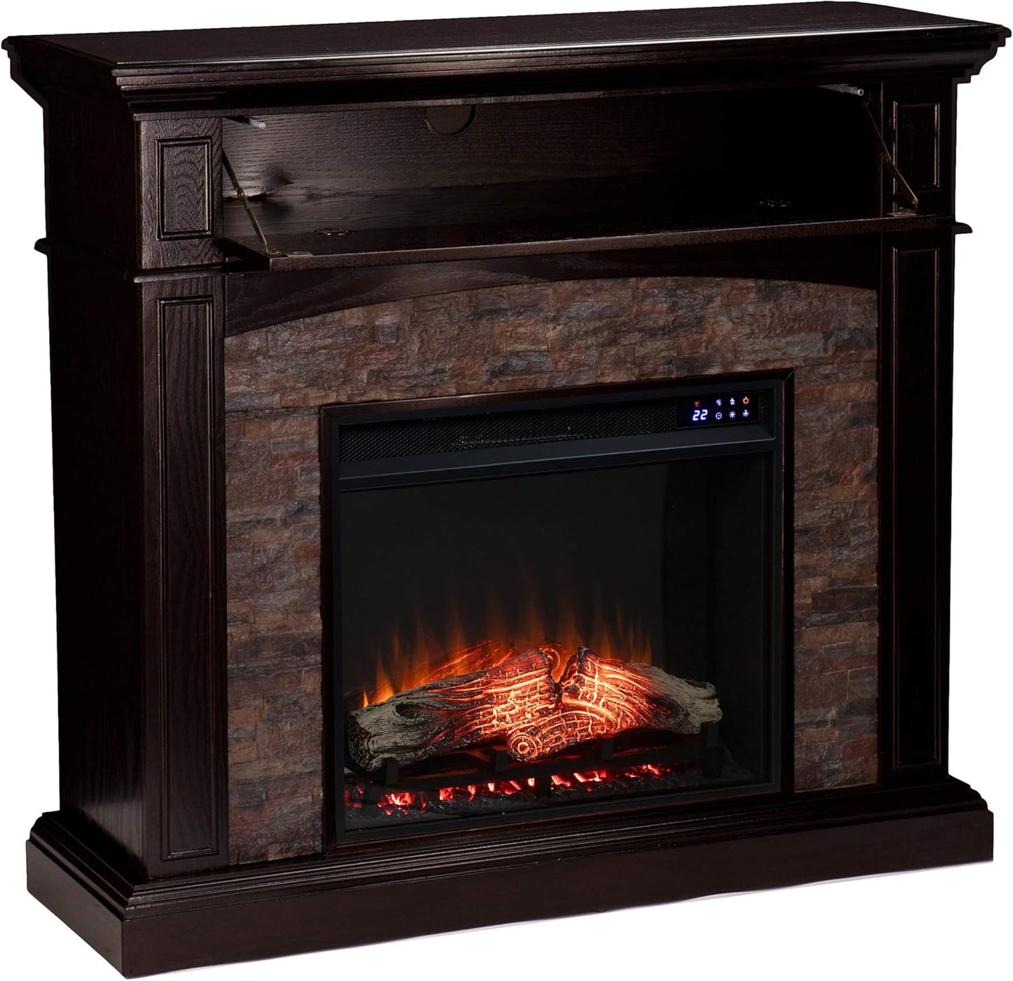 SEI Furniture Grantham Faux Stone Corner Electric Fireplace with Hidden Media Shelf, New Ebony
