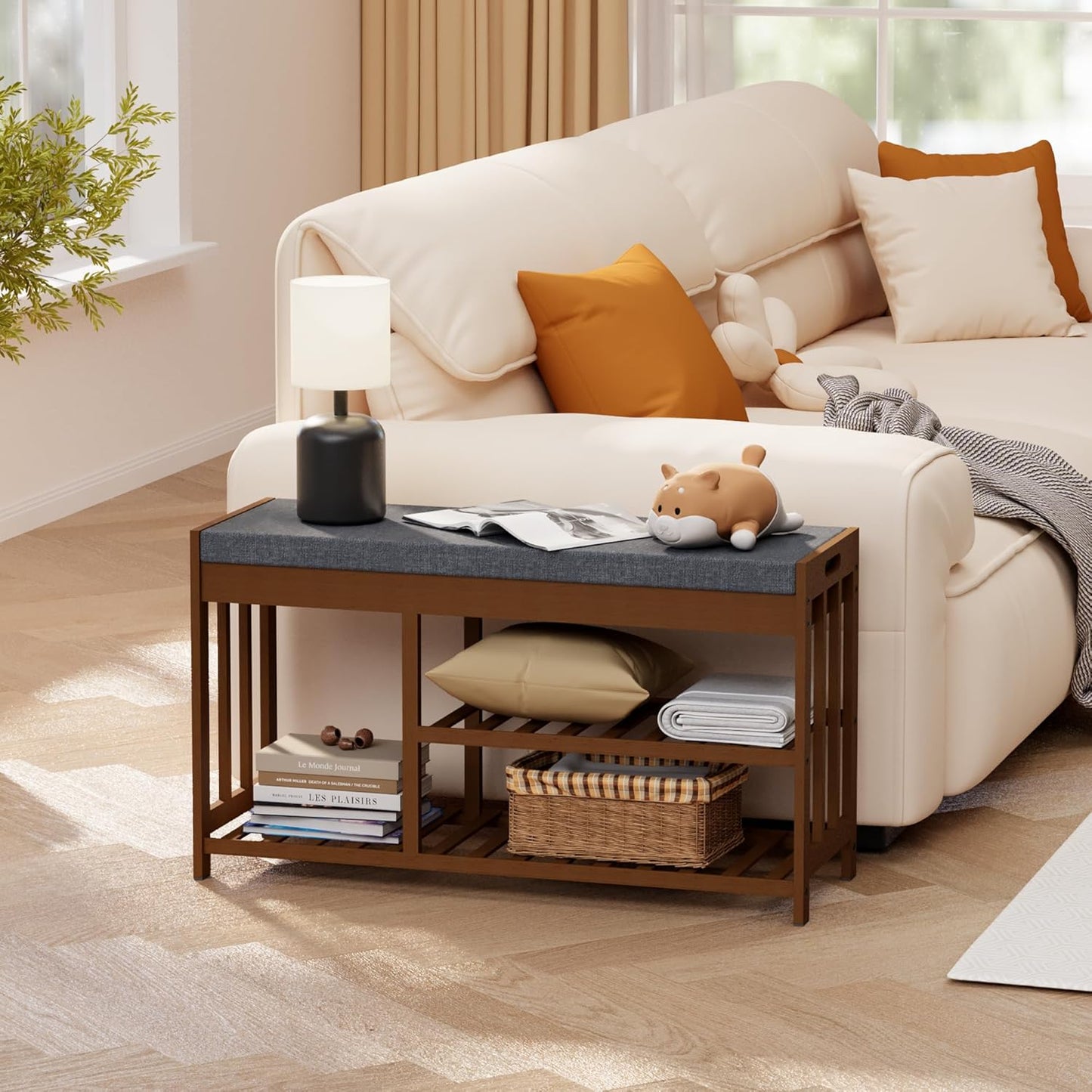 Shoe Rack Bench with Cushion,2 Tiers Shoe Bench with Flip-Top Storage,Wood Shoe Rack for Entryway, Hallway, Bedroom, Front Door Entrance (Brown)