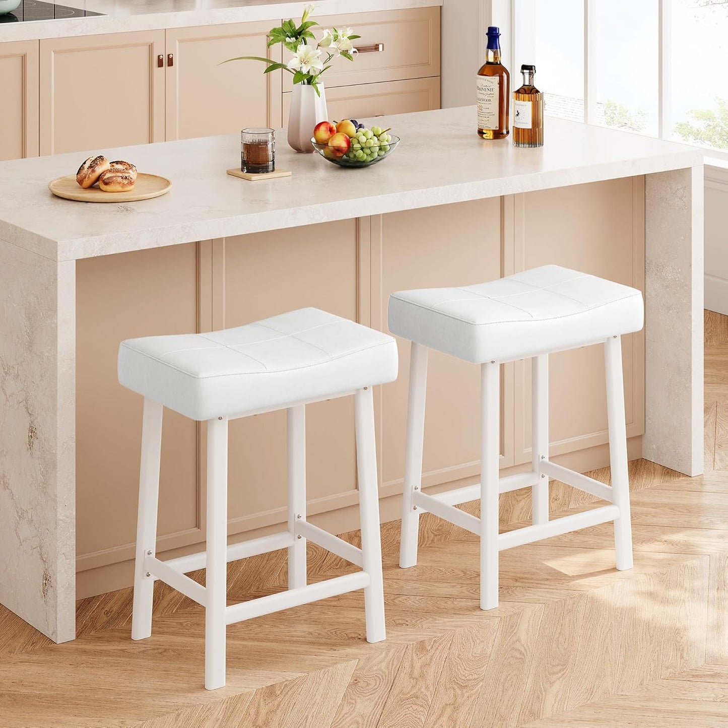 GarveeHome Counter Height Bar Stools Set of 4, 24 Inch Barstools for Kitchen Island Counter, Upholstered Padded Saddle Chairs with Cushion, Easy Assembly, White