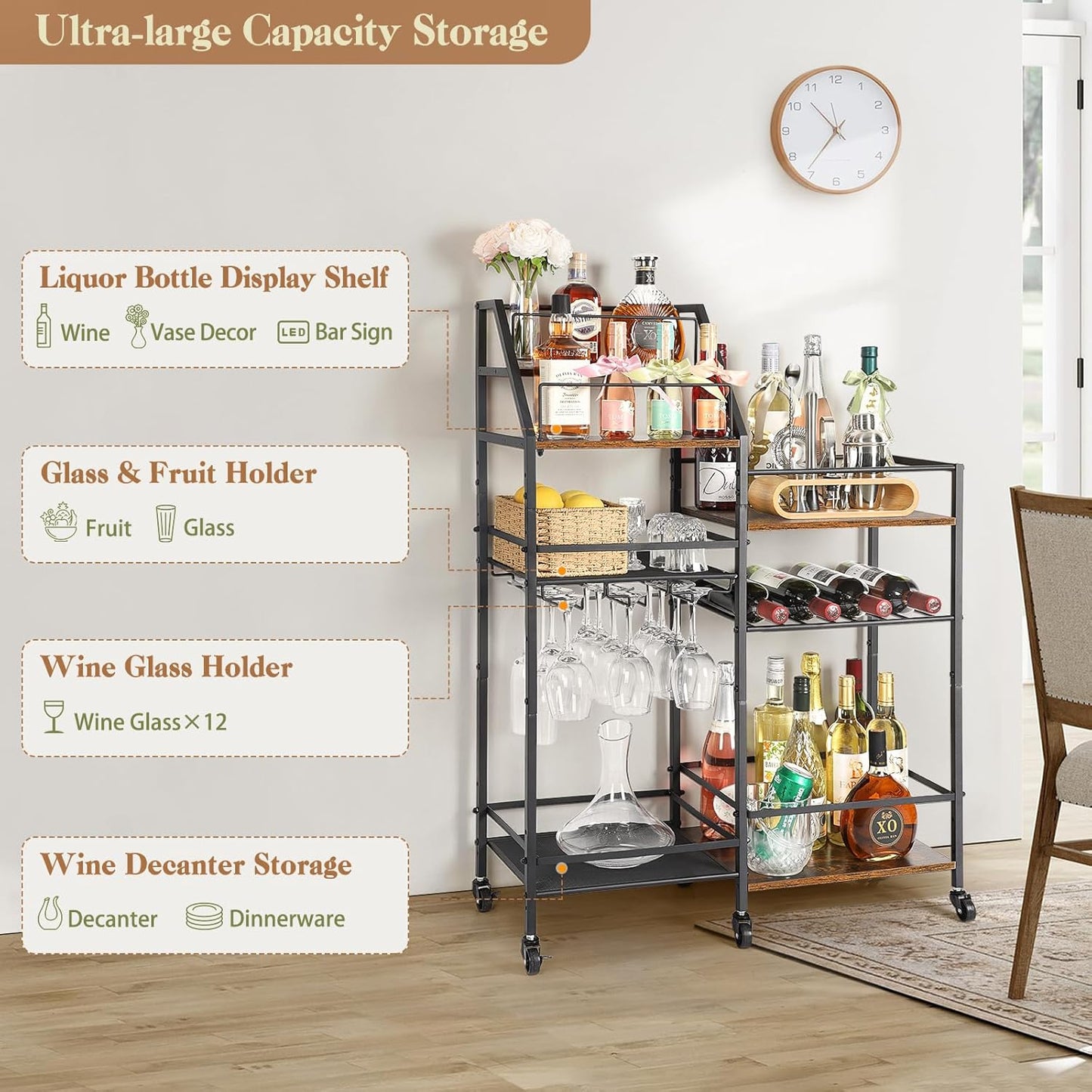 VINAEMO Rolling Bar Cart with Wine Glass Holder, Mini Bar for Whiskey Wine, Liquor Cart for Home, Alcohol Cabinet for Kitchen, Dining Room