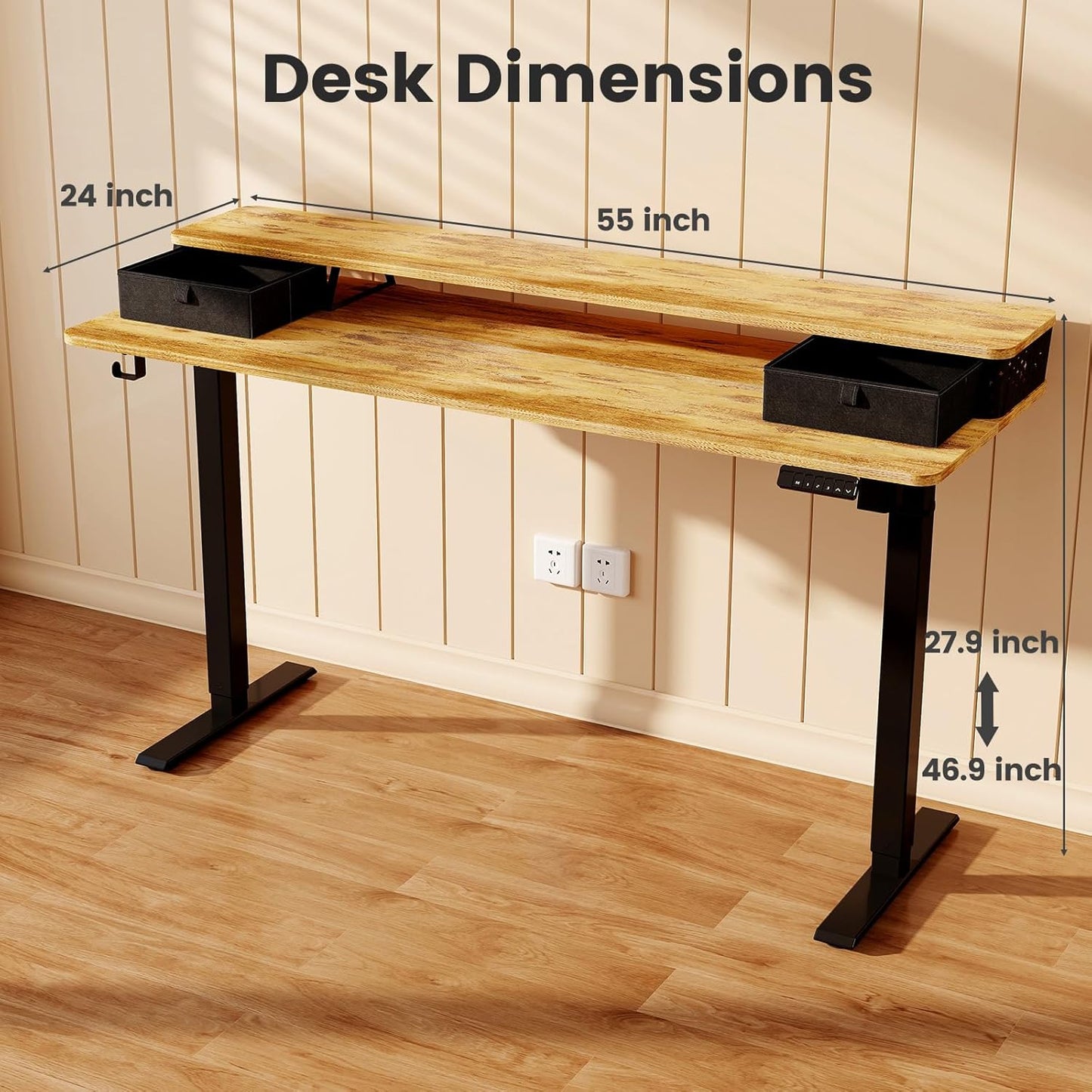 Standing Desk With Drawers and Brushless Motor,Electric Height Adjustable desk for Walking Pad,Ergonomic Stand Up Desk for Home Office & Gaming,3 Memory Height Preset & Hooks(55" x 24",Rustic Brown)