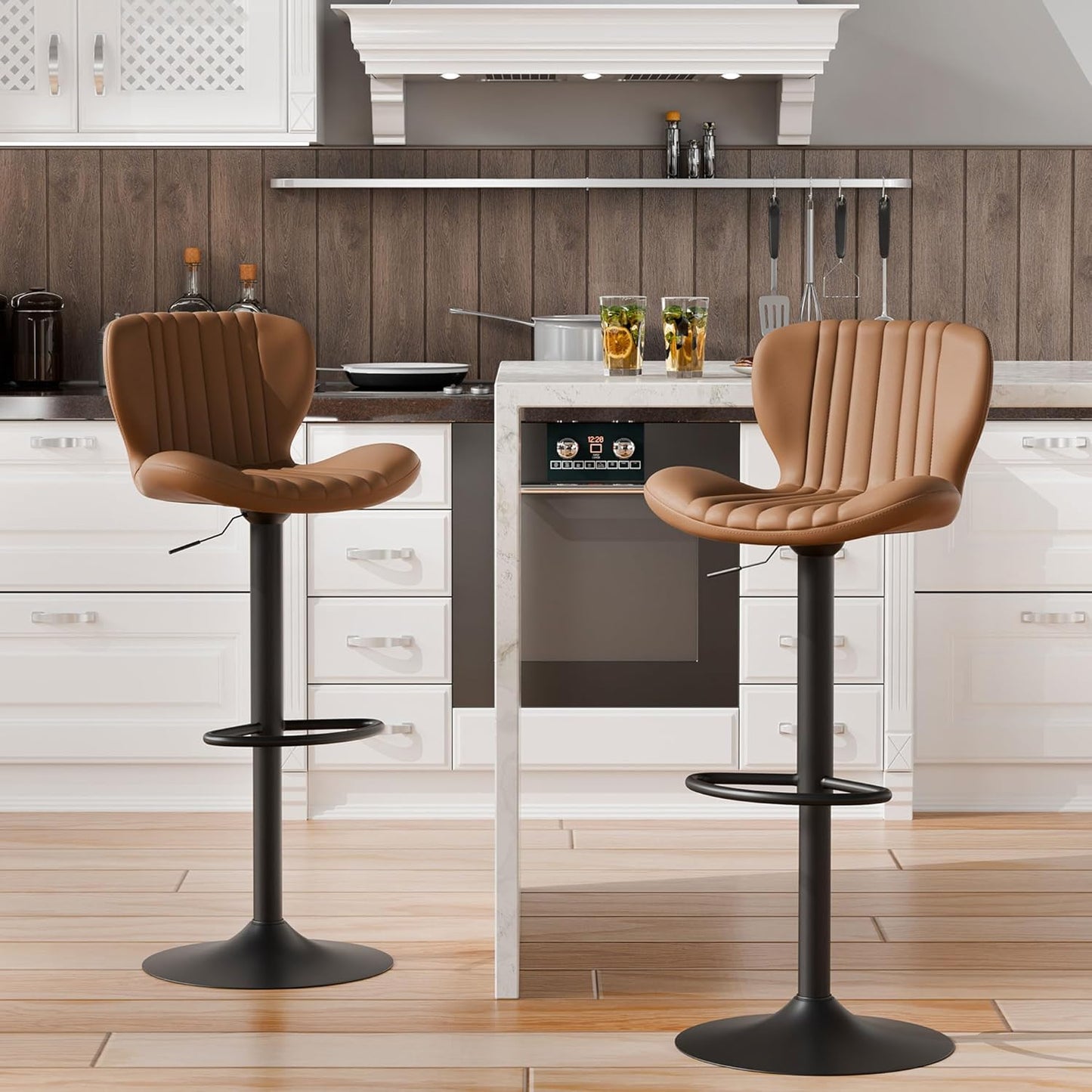 Shintenchi Bar Stools Set of 2 Modern Swivel Bar Chairs, Counter Height Faux Leather Metal Barstools, Upholstered Island Chairs with Back and Footrest, Coffee