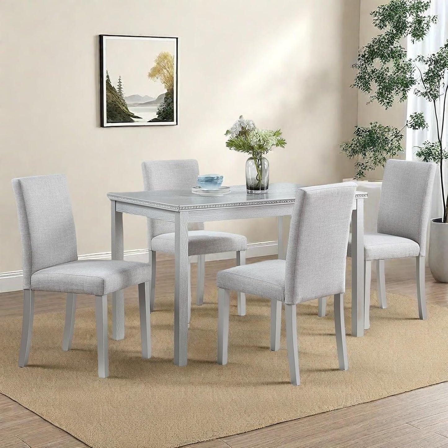Dining Table Set for 4, 5-Piece Kitchen Table & Chairs Set with Rectangular Table & 4 Upholstered Chairs, 34.5'' Dinner Set with Crystal Decorations & Wood Grain Design, Silver Grey