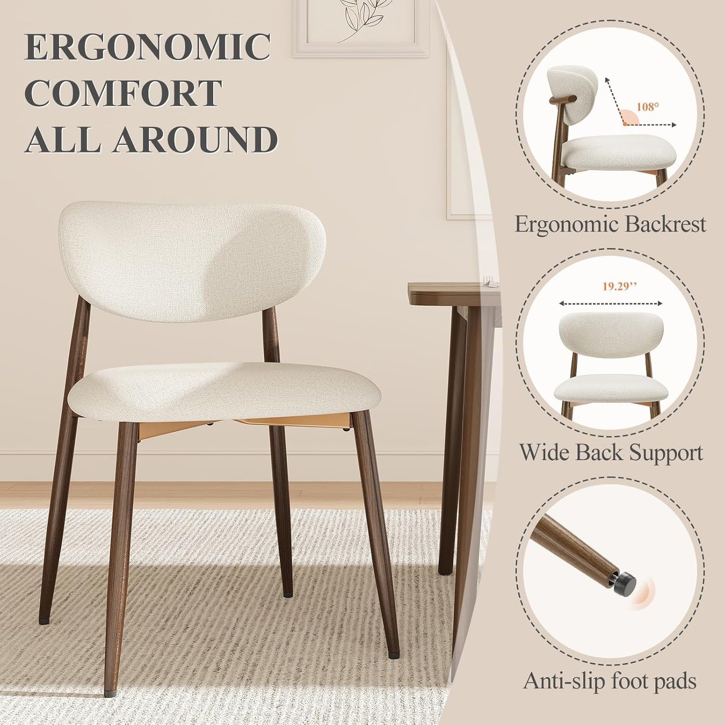 Dining Chairs Set of 4, Ergonomic Fabric Upholstered Seating with Wood Look Metal Legs and Anti Slip Pads, for Home and Restaurant Use, Beige