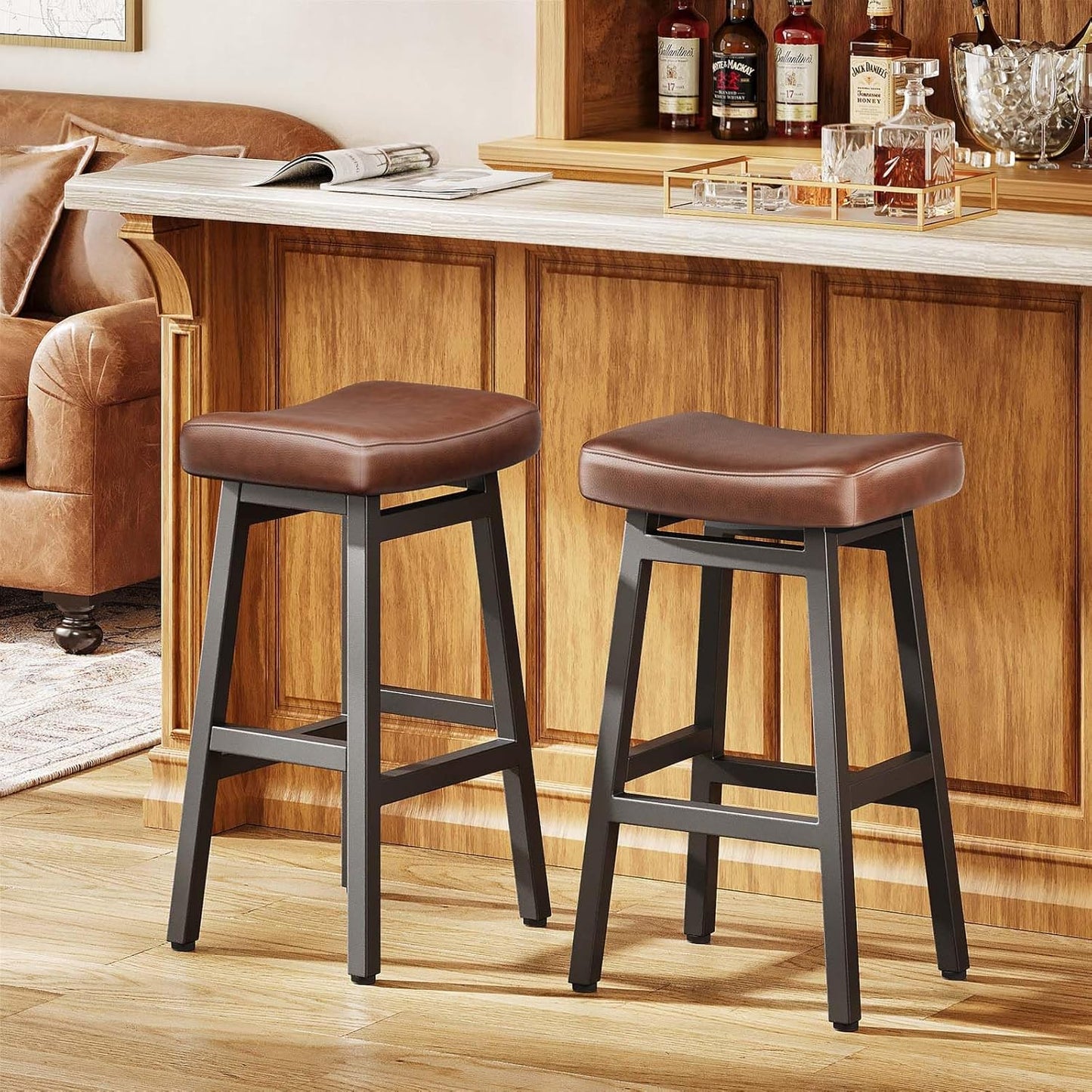29 Inches Bar Stools Set of 2, Bar Height Barstools for Home Counter, Blackless Barstool with Bonded Leather Saddle Seats & Heavy Duty Metal Legs, Easy Assembly, Brown/Black