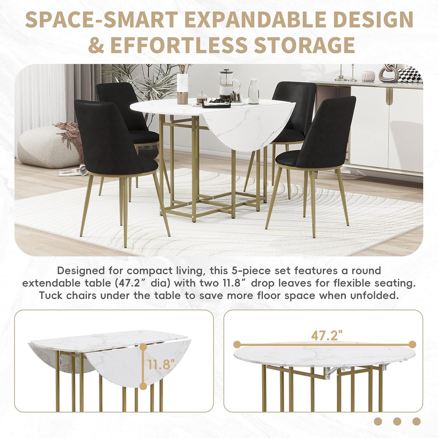 Ball & Cast Space-Saving 5-Piece Extendable Kitchen Dining Table Set w/ 4 Upholstered Chairs,Round Faux Marble Top with Golden Frame,Compact Foldable Design,for Small Spaces,White+Black