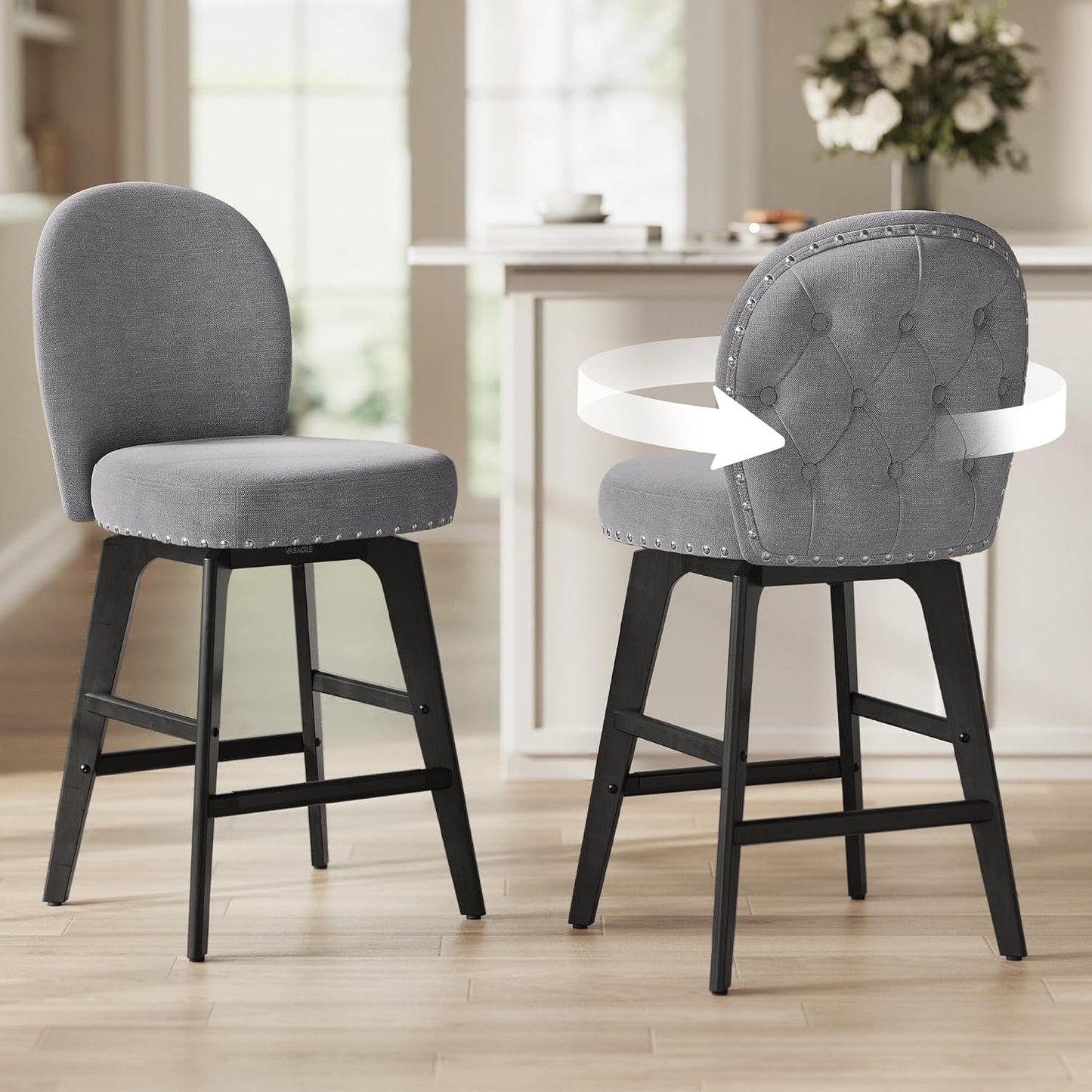 VASAGLE Bar Stools Set of 2, Swivel Counter Height Bar Stools with Back and Wood Legs, Chenille Fabric Upholstered Barstools, 26.2-Inch Tall Counter Barstools for Kitchen Island, Slate Gray