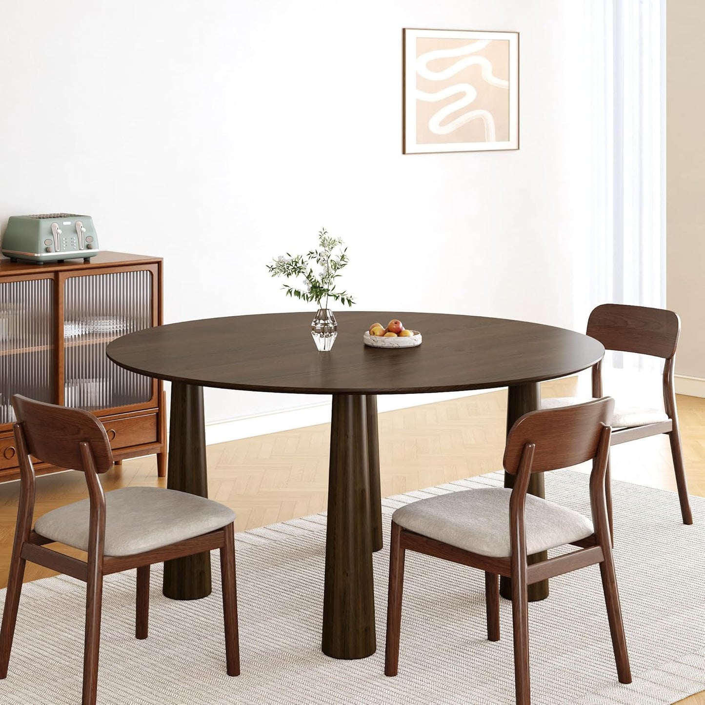 Casaphoria 59" Round Dining Table, Kitchen Table for 6 with Arc-Shaped Edge Top and Cylindrical Legs, Easy Assembly for Living Room, Dining Room, Walnut