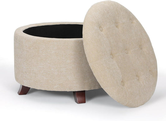 Athena Collection 24.5 Inch Small Ottoman with Storage, Round Linen Fabric Storage Ottoman Foot Rest with Removable Lid, Multipurpose Footstool Footrest for Livingroom, Bedroom, Dorm, Beige
