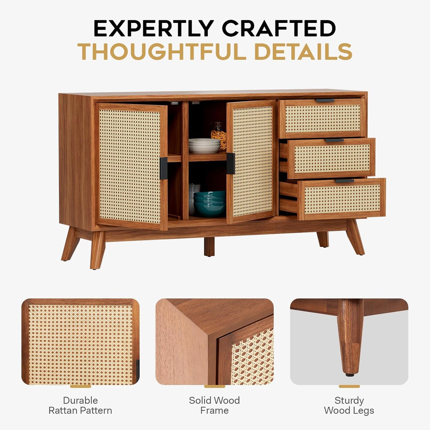 Bme Rattan Pre-Assembled Buffet Sideboard with 3 Drawers & 2 Doors, 58" Accent Console Table Living Room, Kitchen, Dining, Dark Chocolate, Jasper Storage Cabinet