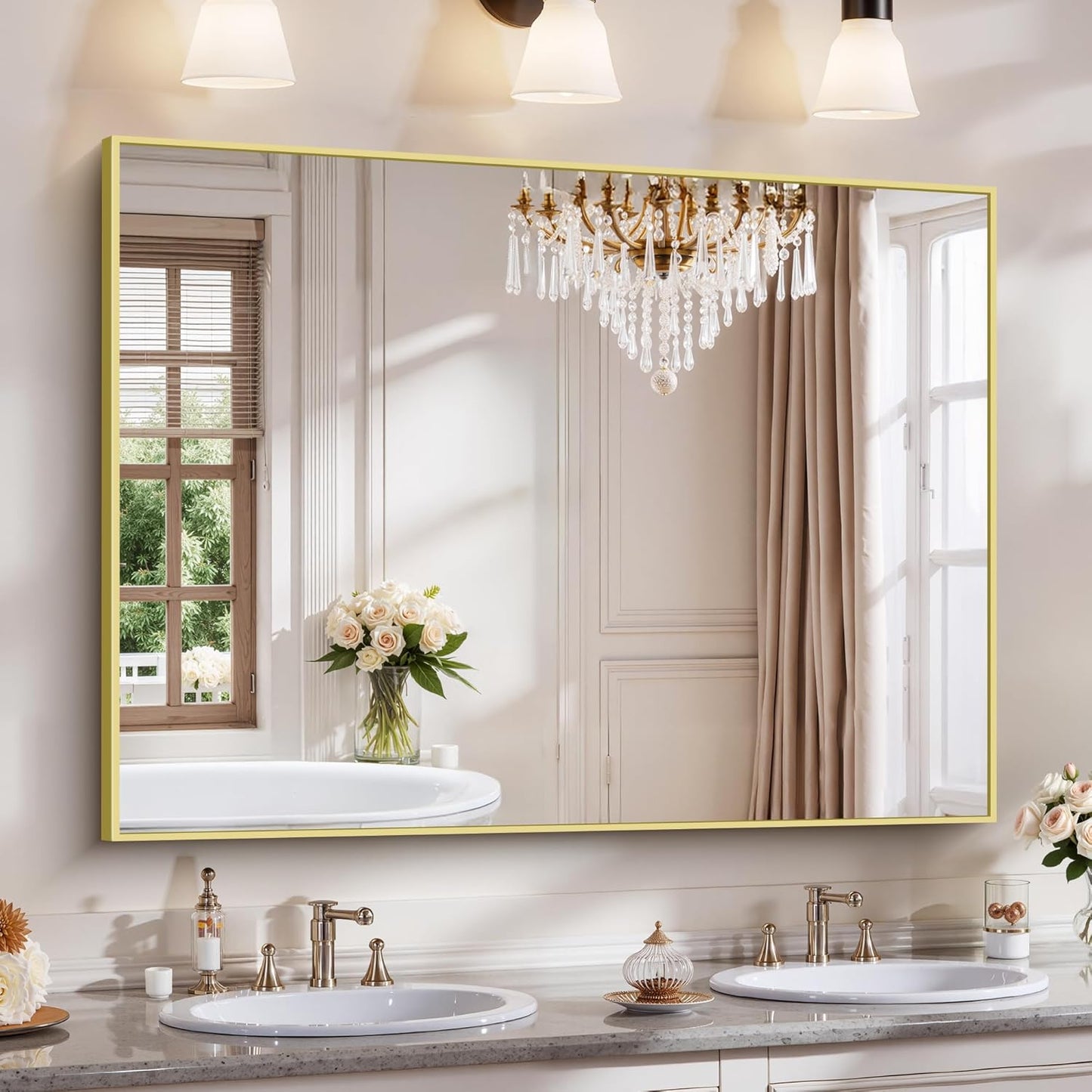YIROMAN Bathroom Mirror 48"x36", Large Brushed Gold Bathroom Mirror for Over Sink with Aluminum Frame, Rectangular Vanity Mirror with Right Angle, Wall Mirror Hangs Horizontal or Vertical