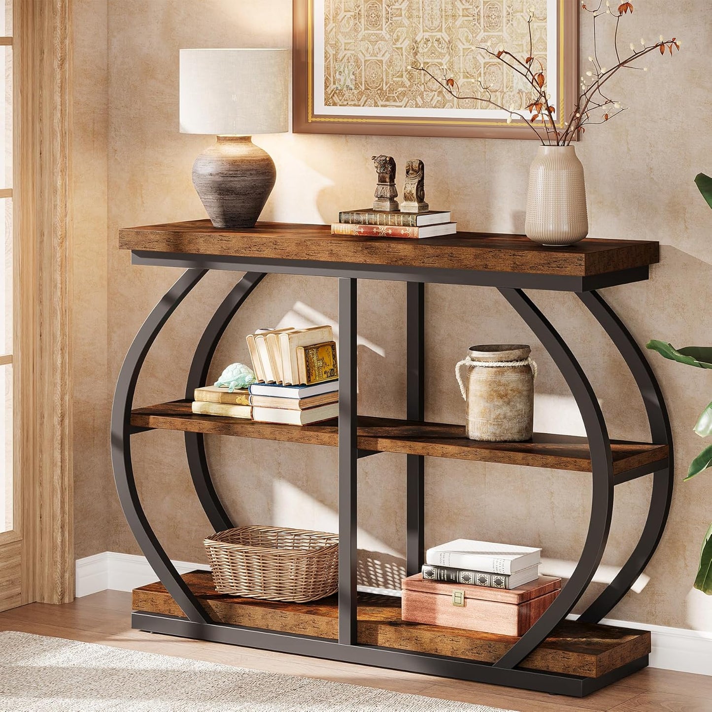 Tribesigns 41.3" Console Table, Industrial 3-Tier Entryway Table with Arched Metal Frame and Storage Shelves for Living Room, Hallway, Rustic Brown