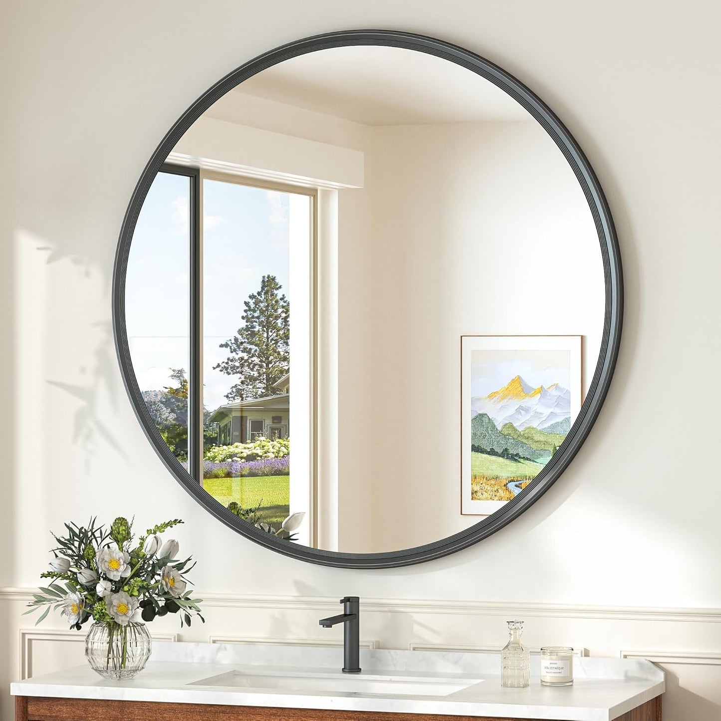 TokeShimi 36 in Round Black Mirror Framed for Over Sink Tempered, Shatterproof Round Mirror, 36x36 Circle Bathroom Vanity Mirrored Farmhouse for Entryway, Bedroom, Restroom, Vanity, Living Room