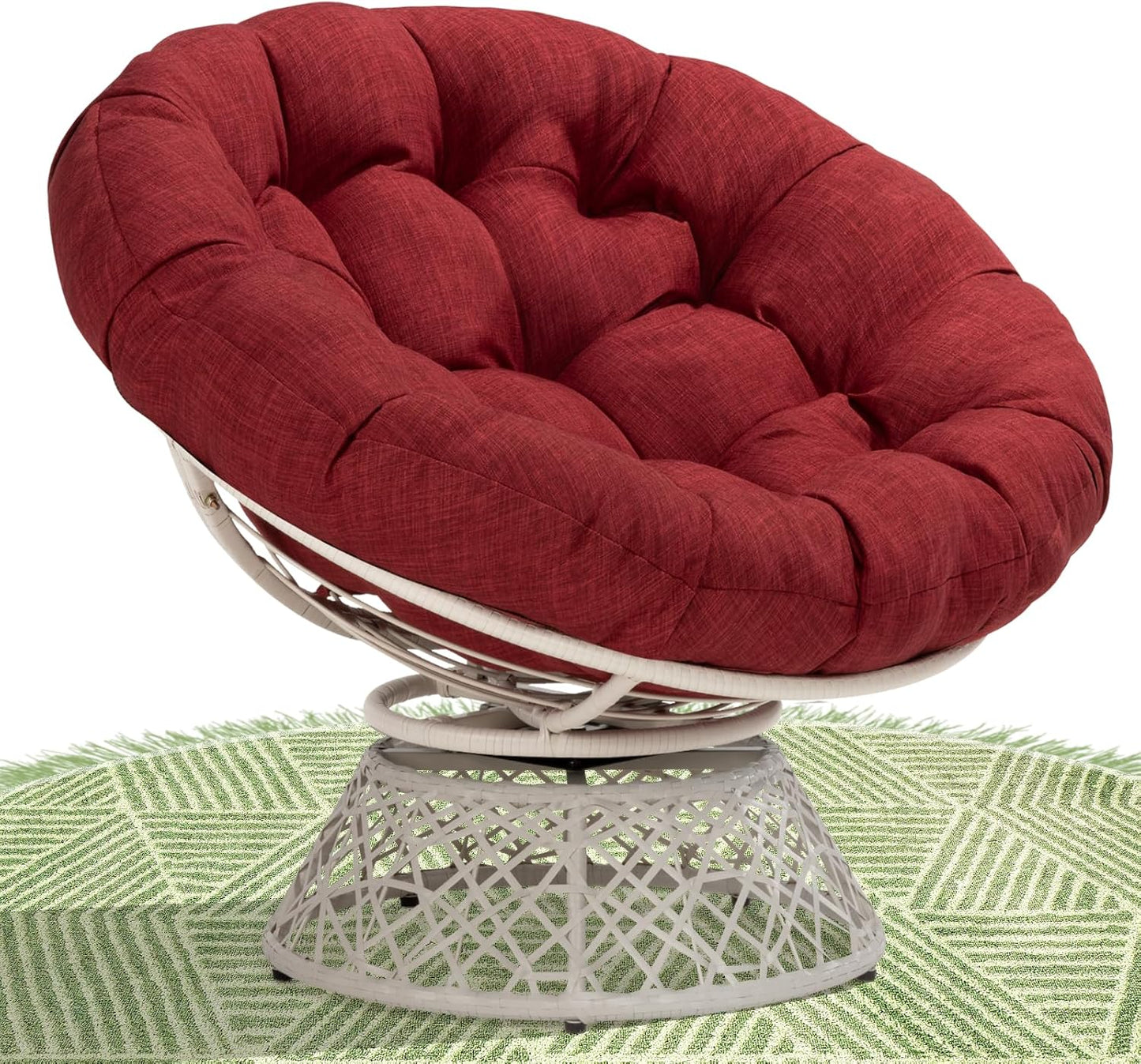 Bme 40" Ergonomic Wicker Papasan Chair with Soft Thick Density Fabric Cushion, High Capacity Steel Frame, 360 Degree Swivel for Living, Bedroom, Reading Room, Lounge, Cherry Sangria - White Base