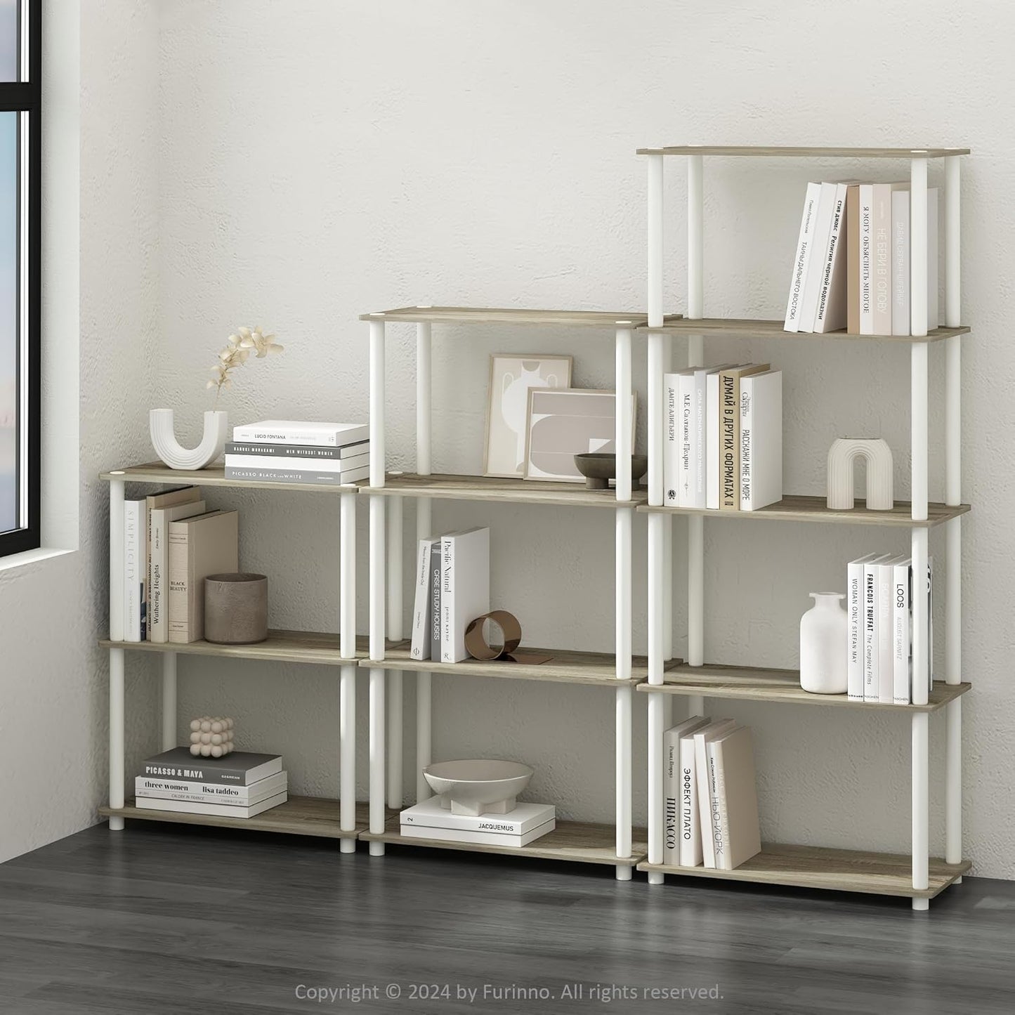 Furinno Turn-N-Tube 5-Tier Multipurpose Shelf / Display Rack / Storage Shelf / Bookshelf, Round Tubes, Sonoma Oak/White