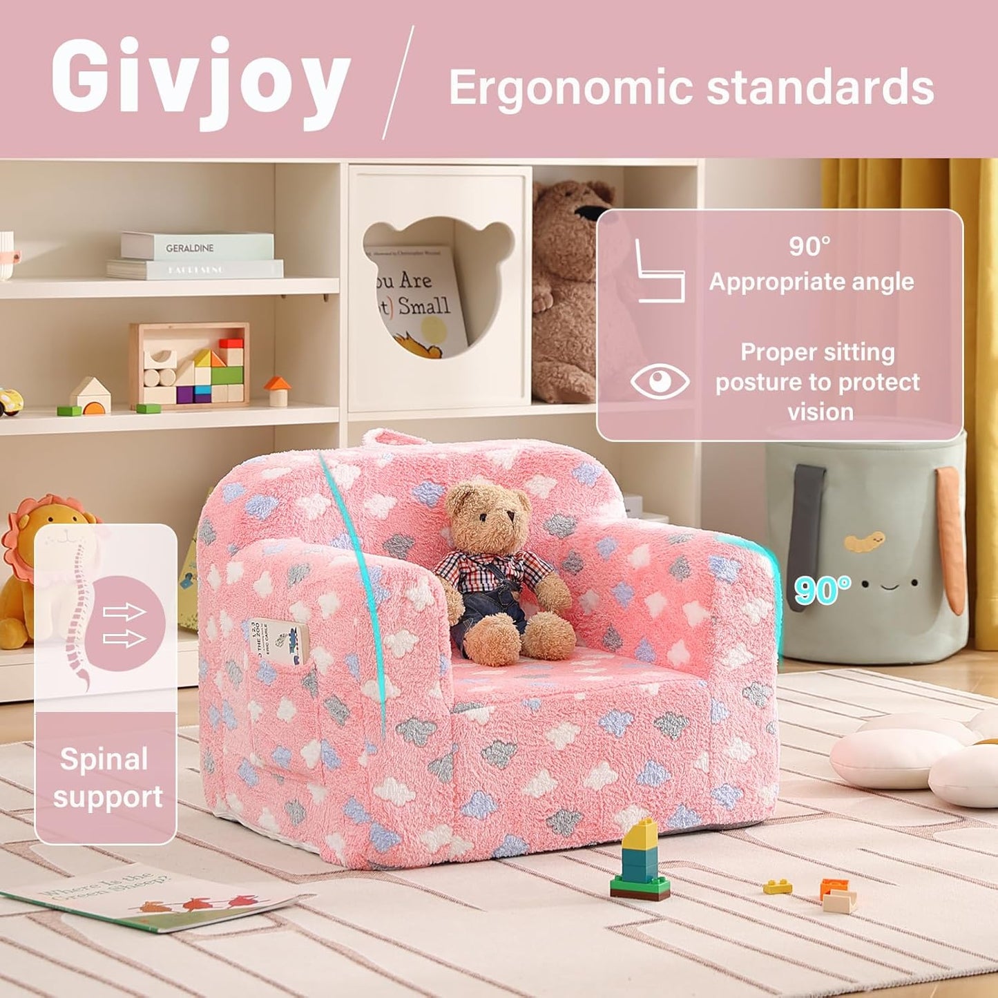 Toddler Chair – Plush Kids Sofa with Carry Handle, Comfy Convertible Lounger for Boys & Girls, Bedroom & Reading Chair