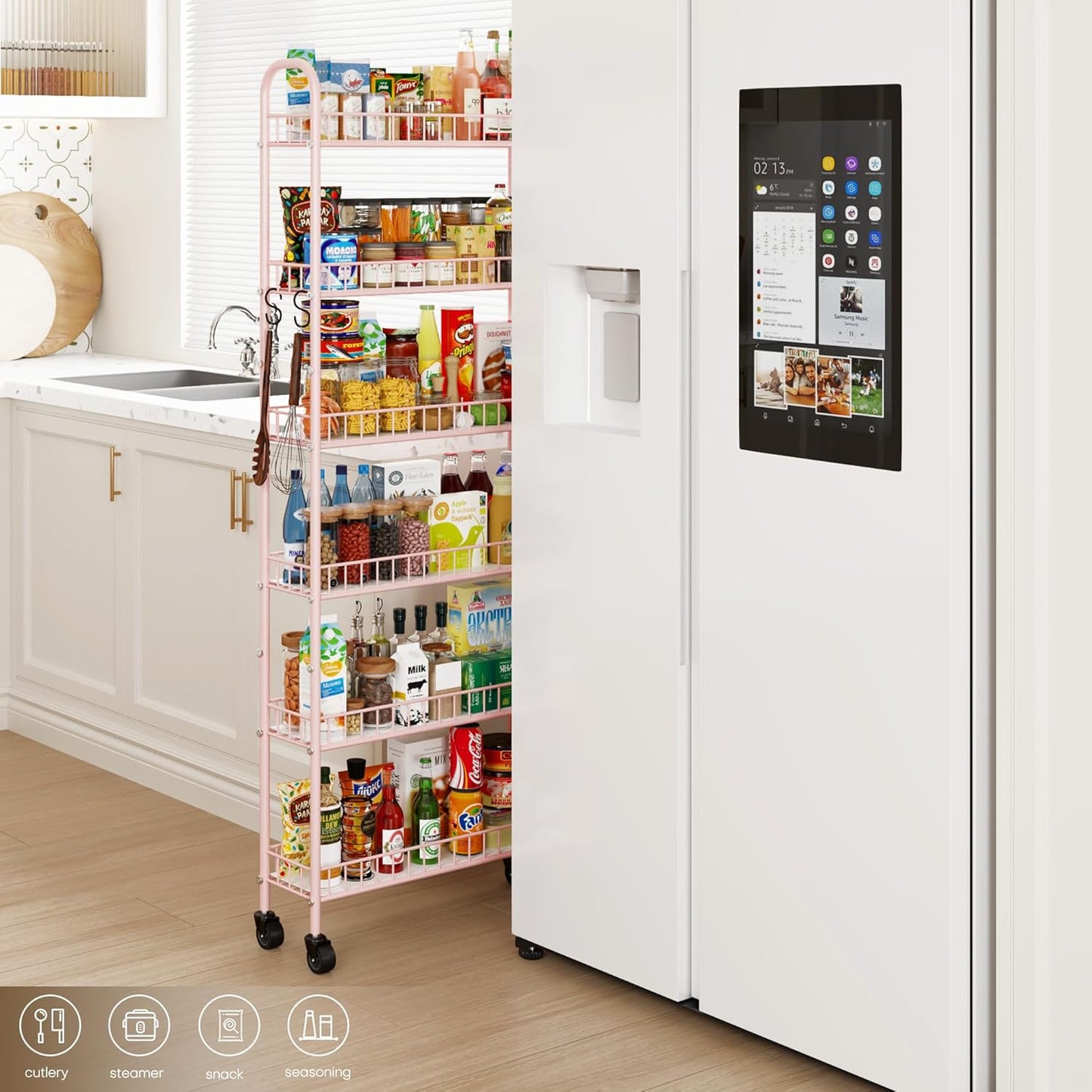 6-Tier Slim Storage Cart, Rolling Kitchen Cart with Wheels, Narrow Metal Shelf Organizer with Hooks for Kitchen, Bathroom, Living Room, Laundry, Small Spaces (Pink, 6 in)