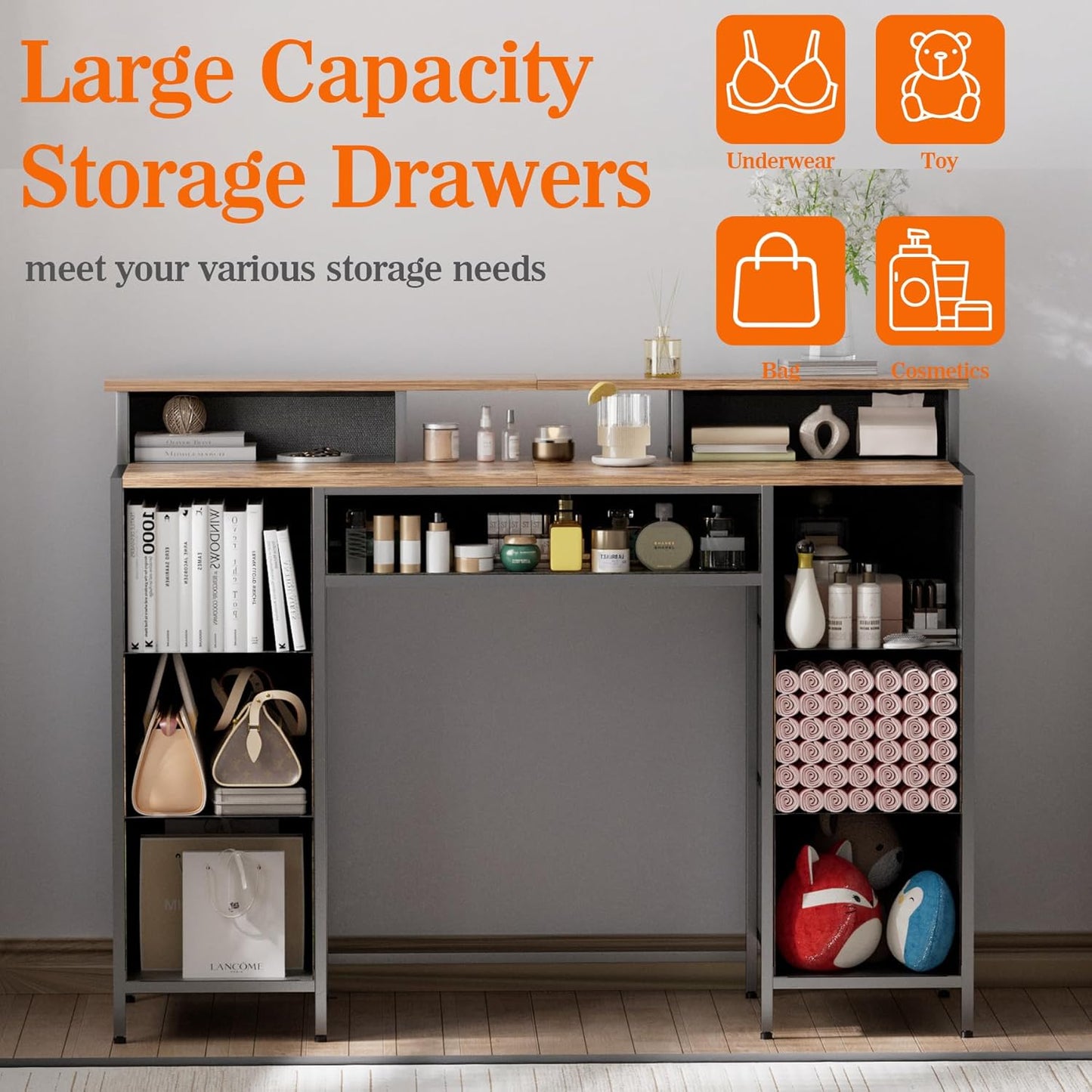 Dresser for Bedroom with 9 Drawers & 2 Open Shelves, Fabric Storage Cabinet, Chest of Drawers, Long Dresser for Closet, Wooden Top & Metal Frame, Pattern