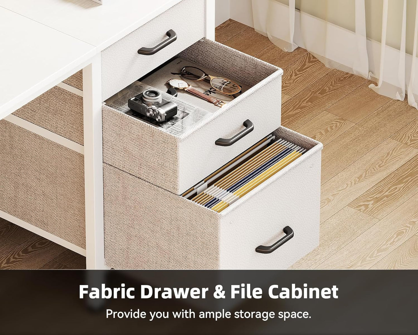 Casaottima 40 Inch Small Home Office Computer Desk for Bedroom with Fabric Drawers & File Cabinet, Cloth Storage Bag and Hook, Writing Study Work Desk for Small Space, Snow White