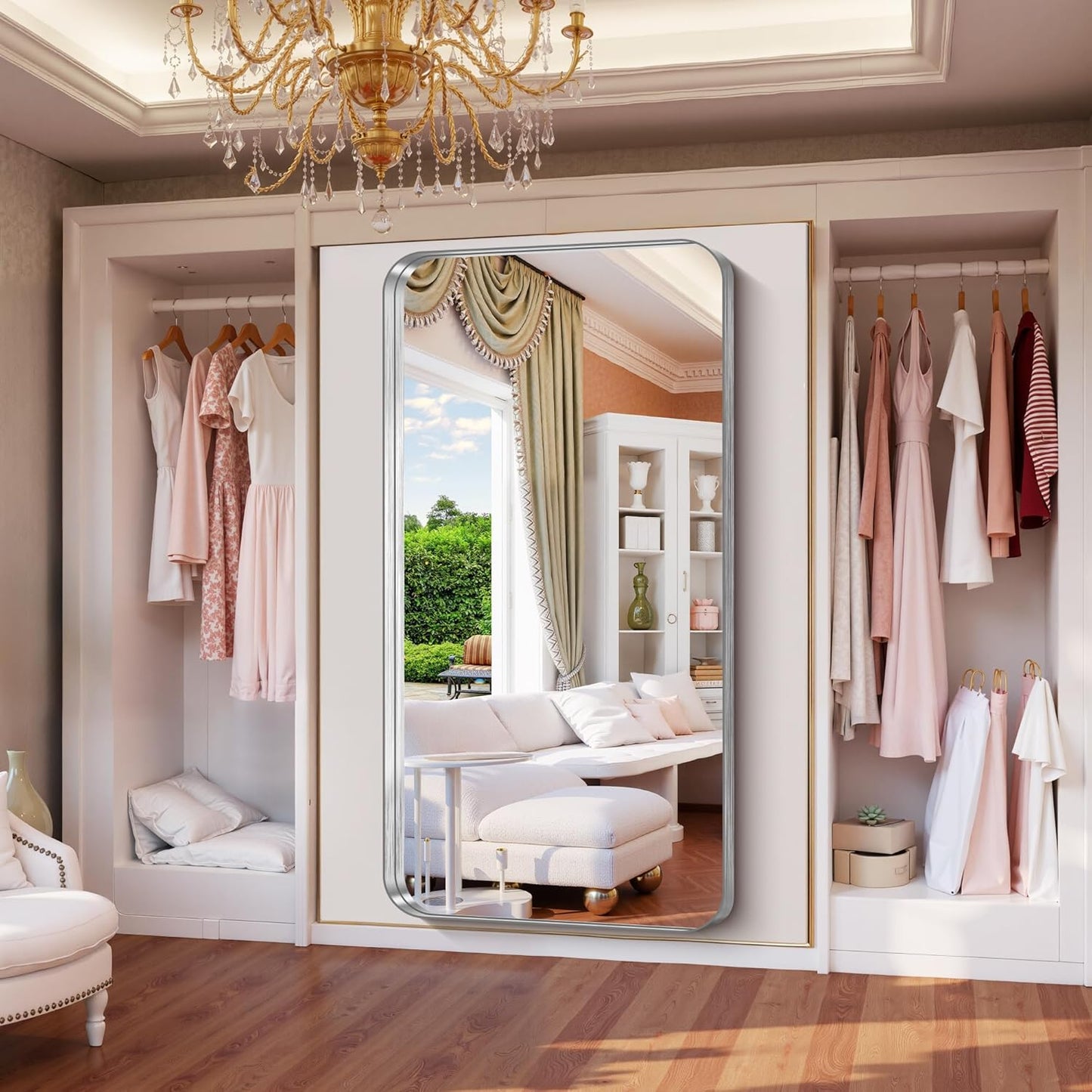 FORBATH 72x36 Inch Oversized Bathroom Mirror for Double Sinks, Brushed Silver Deep Frame Full Length Wall Mirror with Rounded Corners, Anti-Rust Tempered Glass (Horizontal/Vertical)