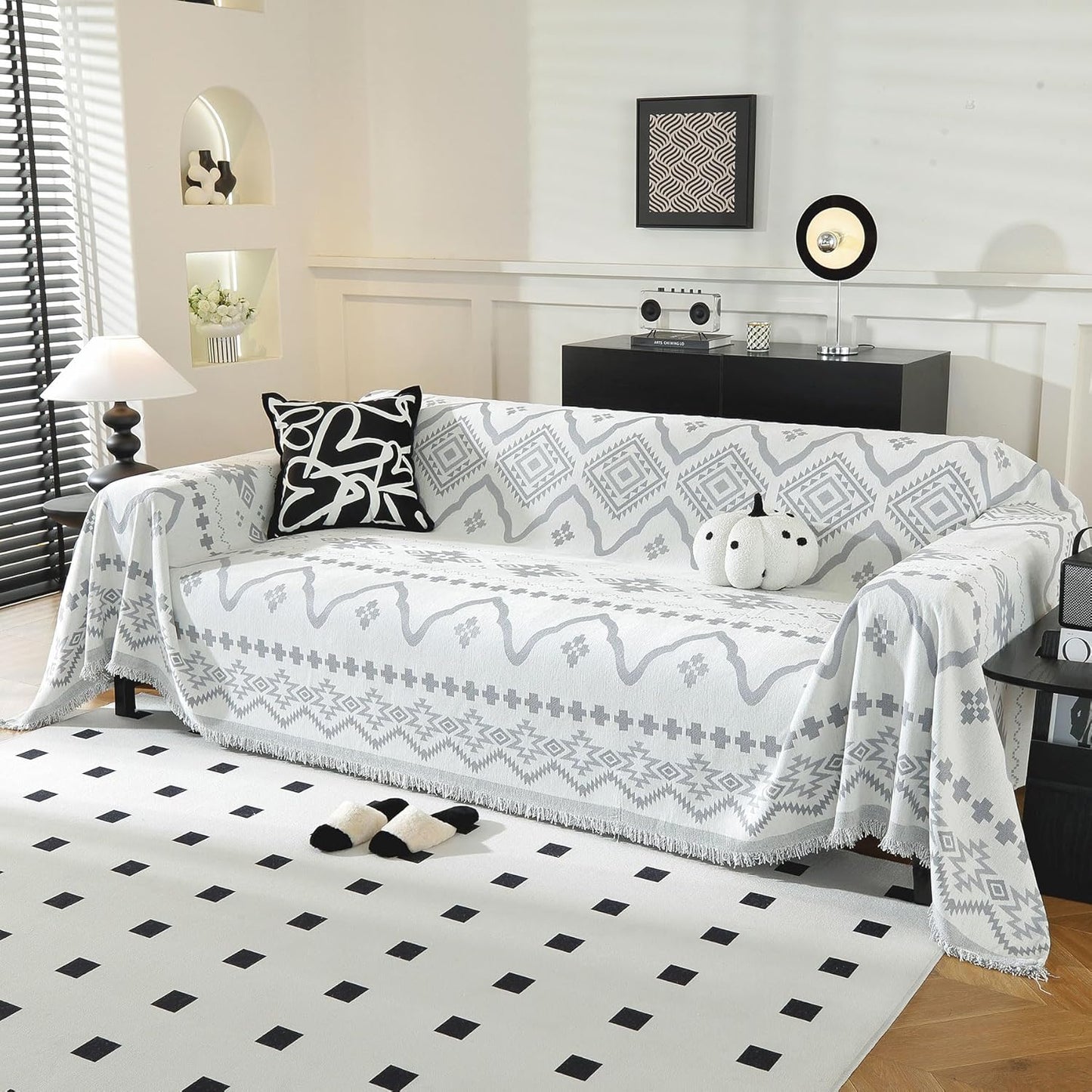 LUFEIJIASHI Boho Couch Covers for Sofa Non Slip Sofa Covers Washable Couch Covers for 3 Cushion Couch Sofa Pet Friendly Sectional Couch Cover Blanket Furniture Protector for Dogs (Grey, 71"x150")