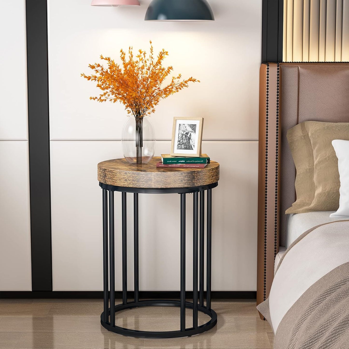 Tribesigns Round End Table, Modern Side Small Accent Nightstand with Metal Frame, Wooden Circle Bedside for Living Room Sofa Couch, Bedroom, Easy Assembly, Space Saving, Rustic Brown & Black