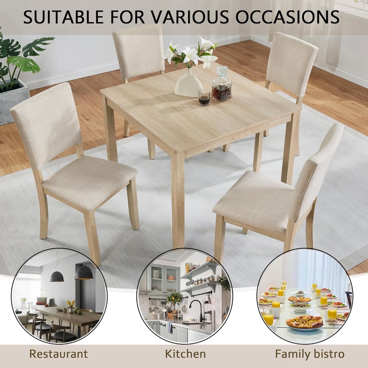 Ball & Cast 5 Piece Dining Table Set with 4 Upholstered Chairs,Wooden Living Room Furniture W/ 34.5" Square Kitchen Desk & Backrest Chair,for Small Space,Dining Room,Liaght Oak & Beige