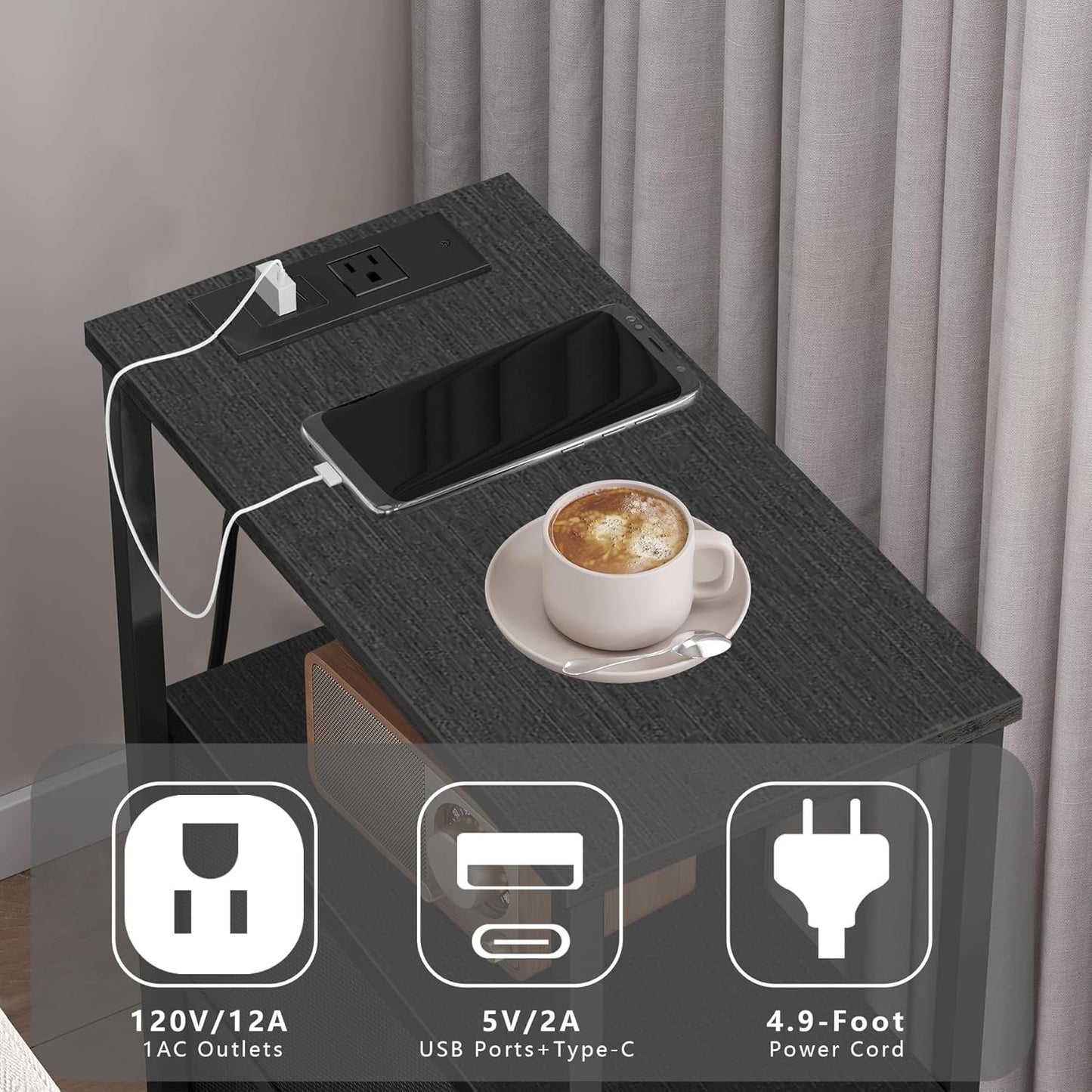 TUTOTAK Small Narrow End Table with Charging Station, Set of 2, Side Table with Outlets, Nightstand with 2 Cloth Drawers, Couch Table, for Living Room, Bedroom, Bedside, Black TB01BK055