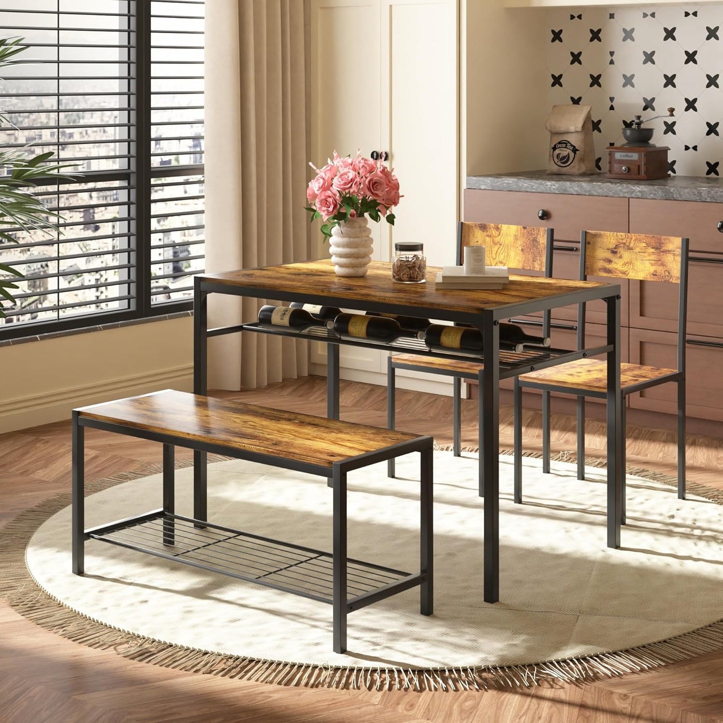 VECELO Kitchen Dining Room Table with 2 Chairs & Bench, Compact Space-Saving Design, Easy Assembly Steel Frame, Perfect for Small Apartments & Breakfast Nooks，Industrial