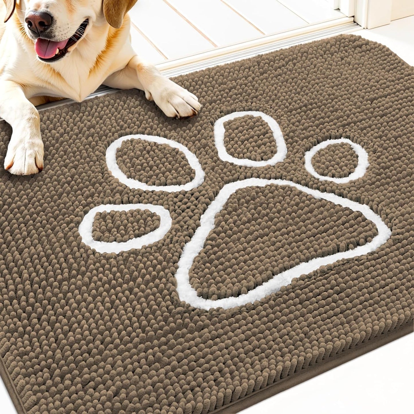 OLANLY Door Mat for Muddy Dog Paws 30x20, Ultra Absorbent Chenille Mud Doormat with Paw Print Design, Non-Slip Washable Doormat for Indoor Entryway, Quick-Dry Pet Bed Mats for Dirty Dogs, Tan