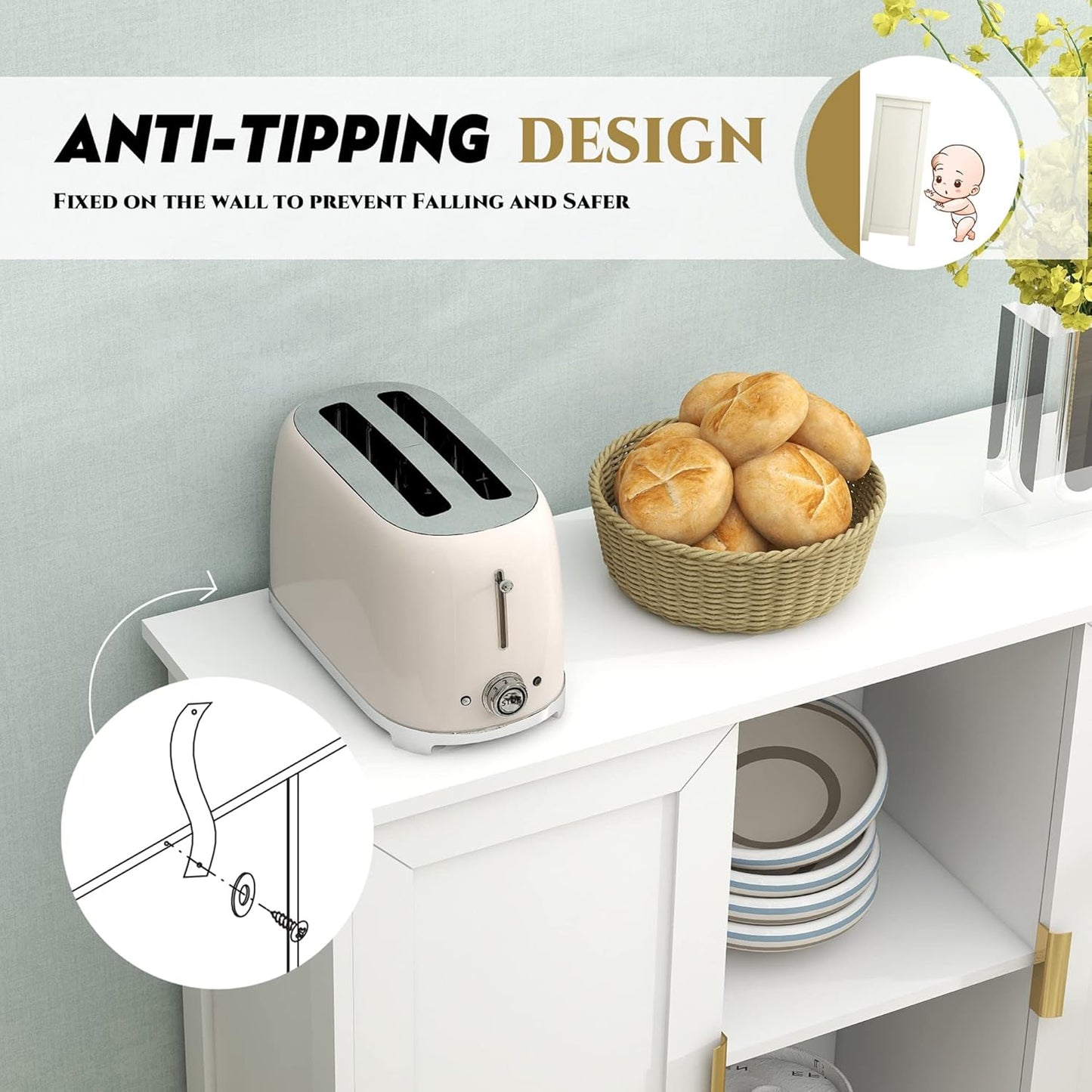 TaoHFE White Buffet Cabinet with Storage,Wooden Narrow Sideboard Entryway Cabinets,Modern White Cabinet with Doors Credenza