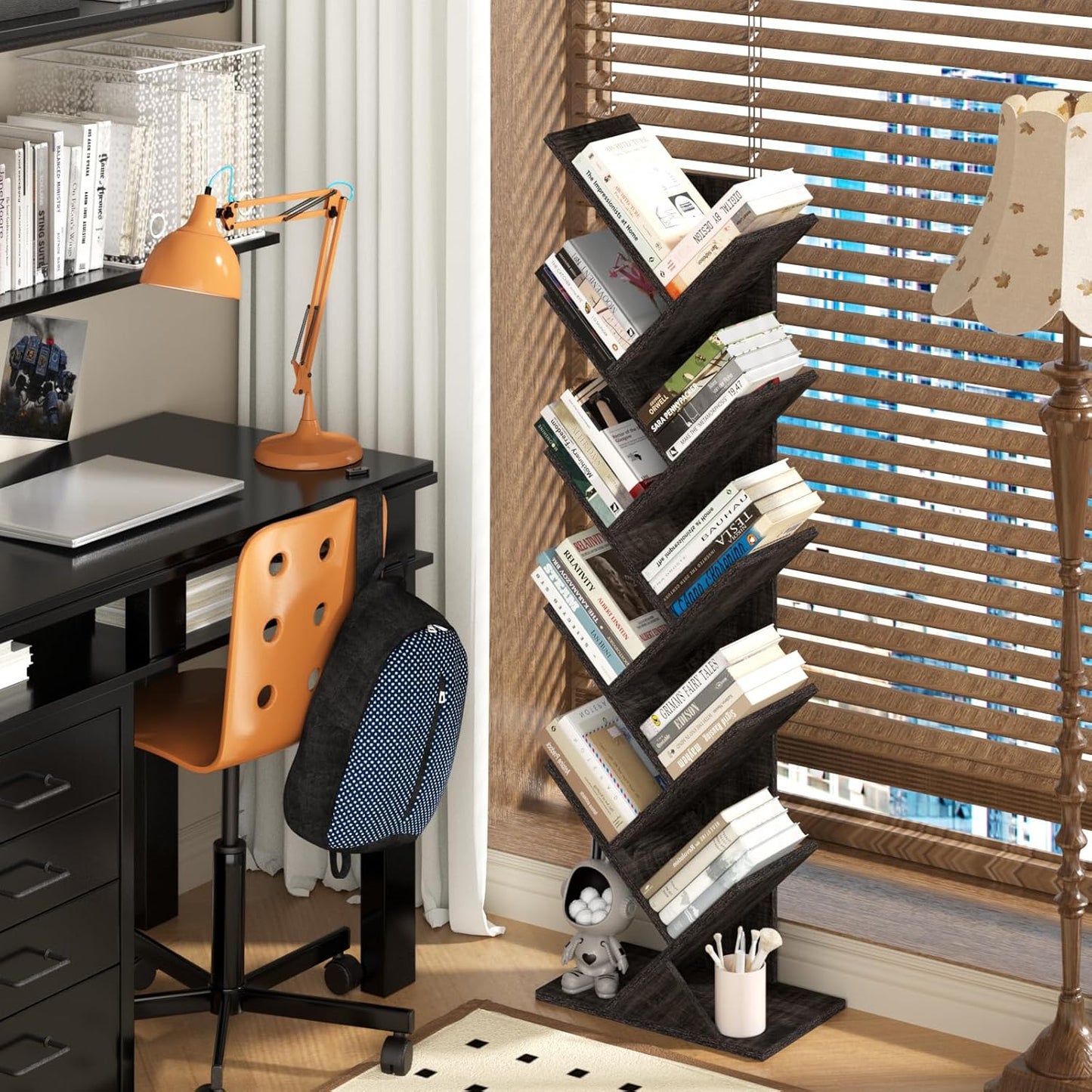 10 Tier Tree Book Shelf, Floor Standing Wood Bookshelf for Narrow Space, Storage Organizer Bookshelves for Books/CDs/Magazine, Bookcase with Shelves for Home Office, Living Room - Dark Grey