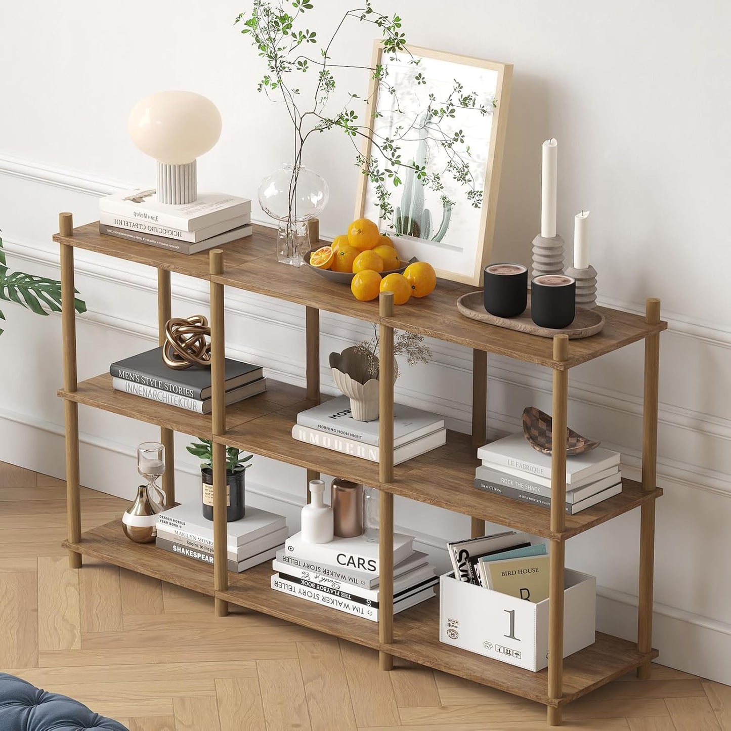 YGYQZ 3 Tier Short Book Shelf, 6 Cube Storage Shelf Organizer Bookshelf with Open Back, Long Horizontal Book Shelves for Office, Living Room, Bedroom, Rustic Brown