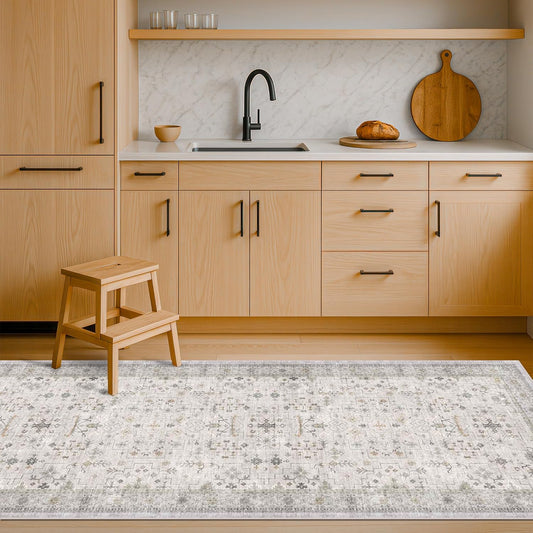 Light Gray Washable 2x8 Hallway Runners, Kitchen Runner Rug, Non-Slip & Stain Resistant 8ft Long Entryway Floor Rug, Neutral Boho Floral Décor