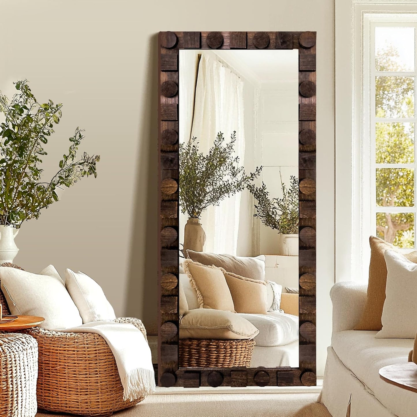 56x24 Inch Handcrafted Solid Wood Square Wall Mirror with Geometric Wood Inlay Design, Rustic Natural Texture for Bathroom, Bedroom, Living Room Decor