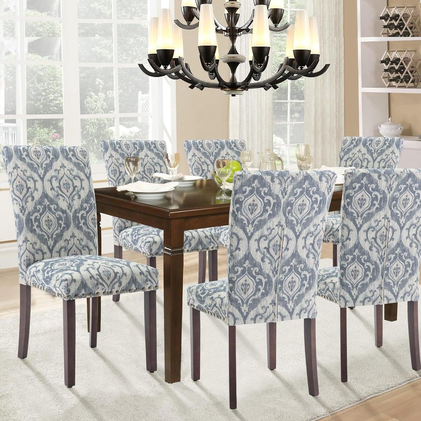 Parsons Dining Chairs Set of 2, Upholstered Nailhead Dining Room Kitchen Side Chair with Thick Cushions and Wood Legs, White/Blue