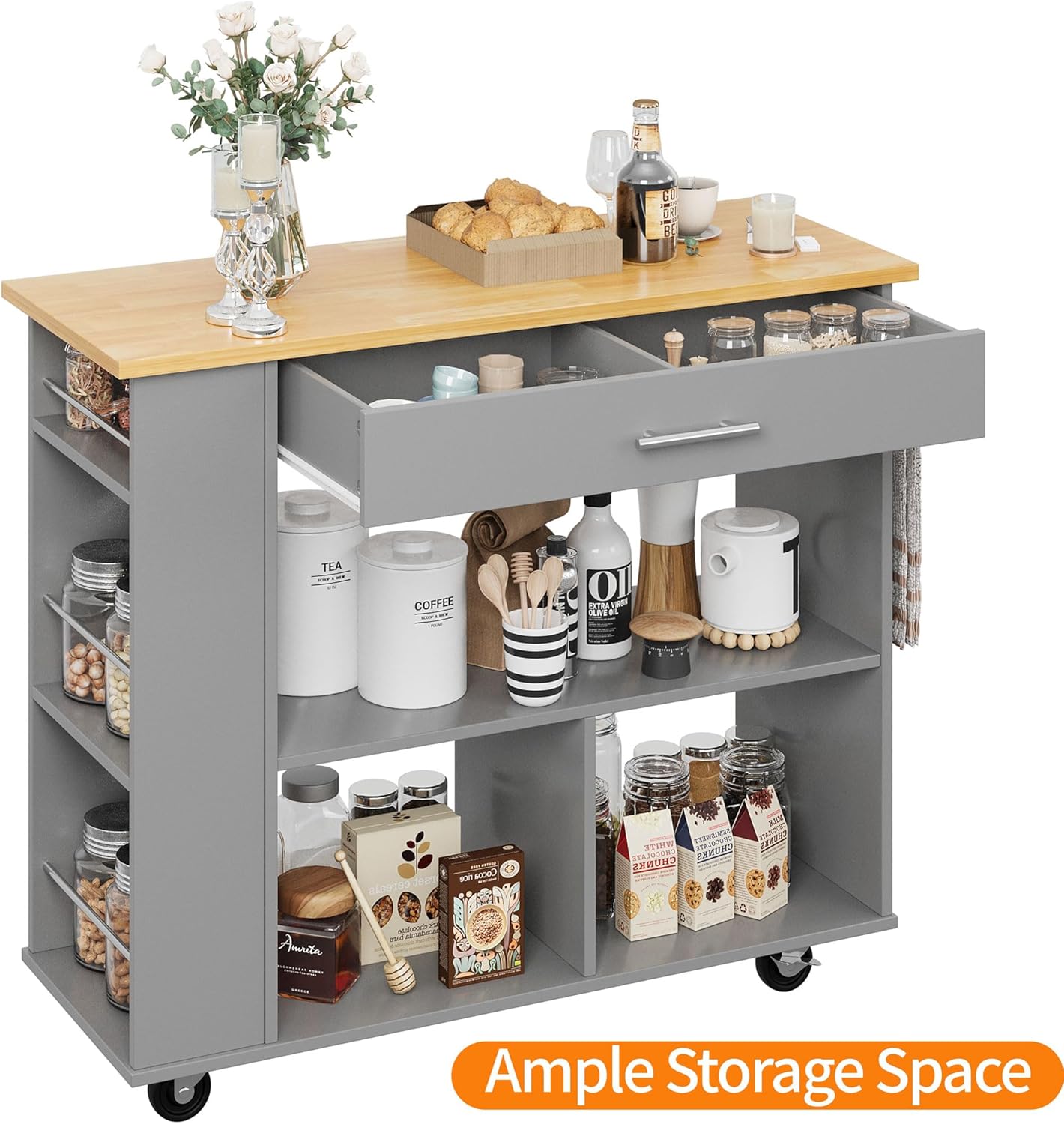 Shintenchi Kitchen Island on Wheels with Storage, Wheeled Island & Cart with 3-Tier Spice Rack, 3 Open Shelves and 1 Drawer, Gray