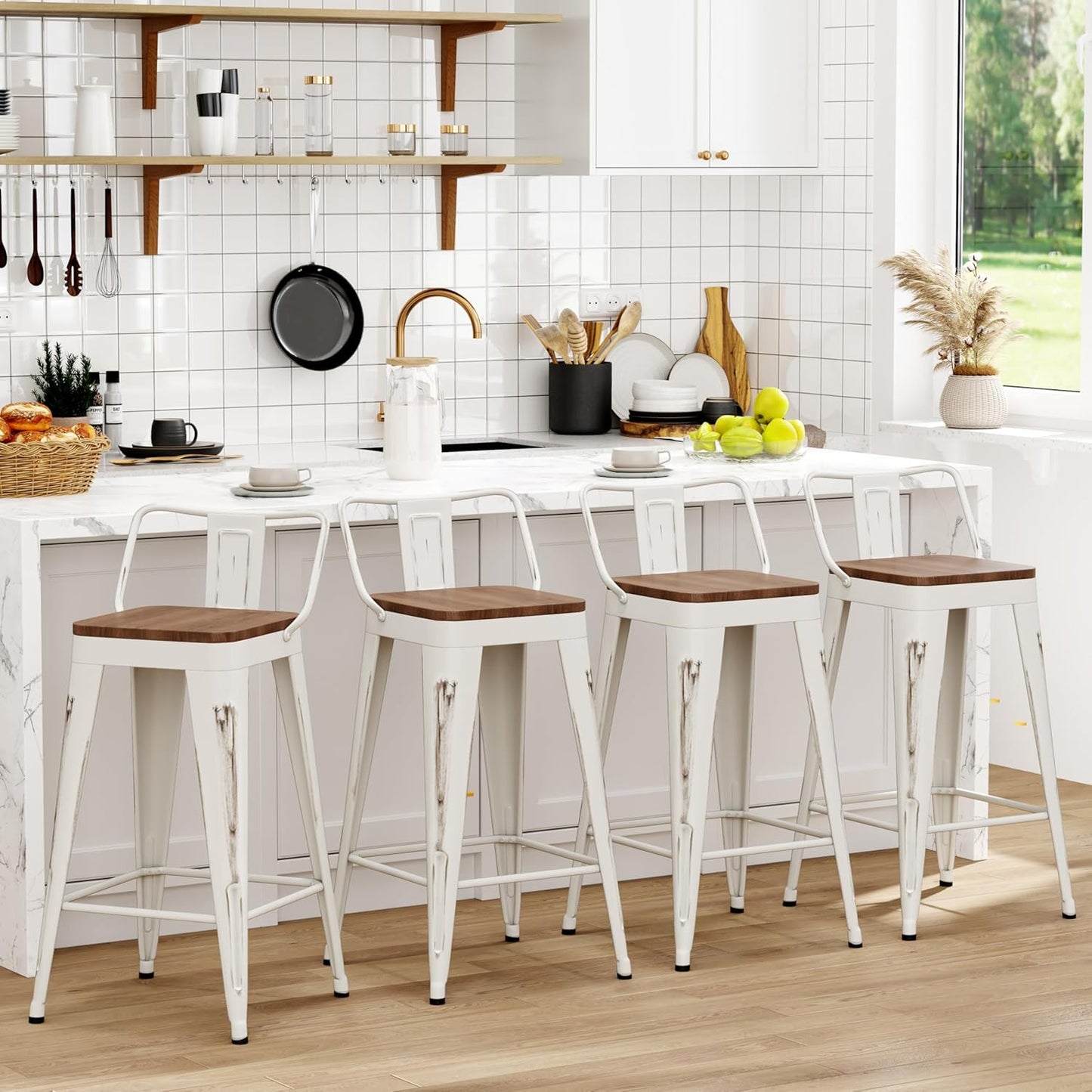 WENTMENT Bar Stools Set of 4 Counter Height Bar Stools Metal Barstools with Removable Back 30" Kitchen Bar Stools with Wooden Seat, Distressed White