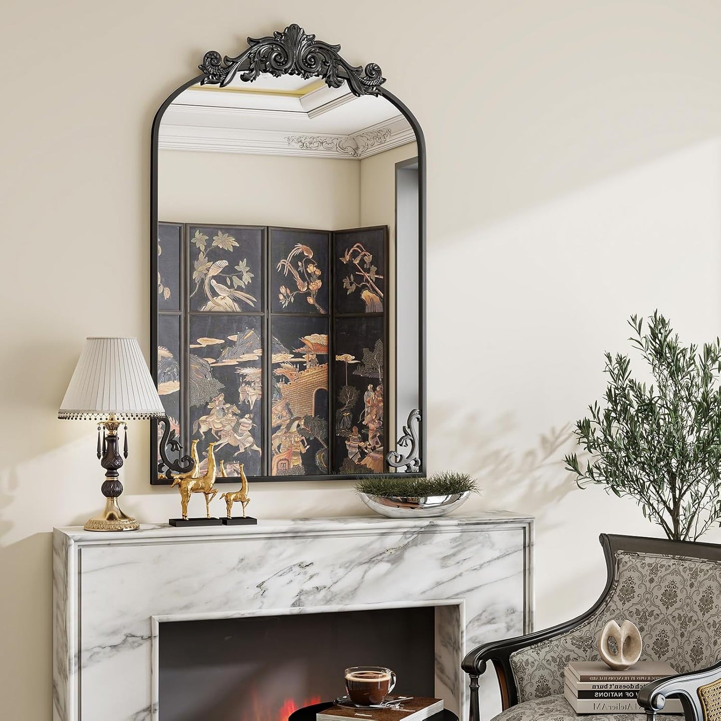 24x36 inch Vintage Arched Bathroom Mirror - Gorgeous Wall Vanity Mirror with Beautiful Retro Top and Bottom Engraving Process Frame for Entryway Hallway Living Room, Black