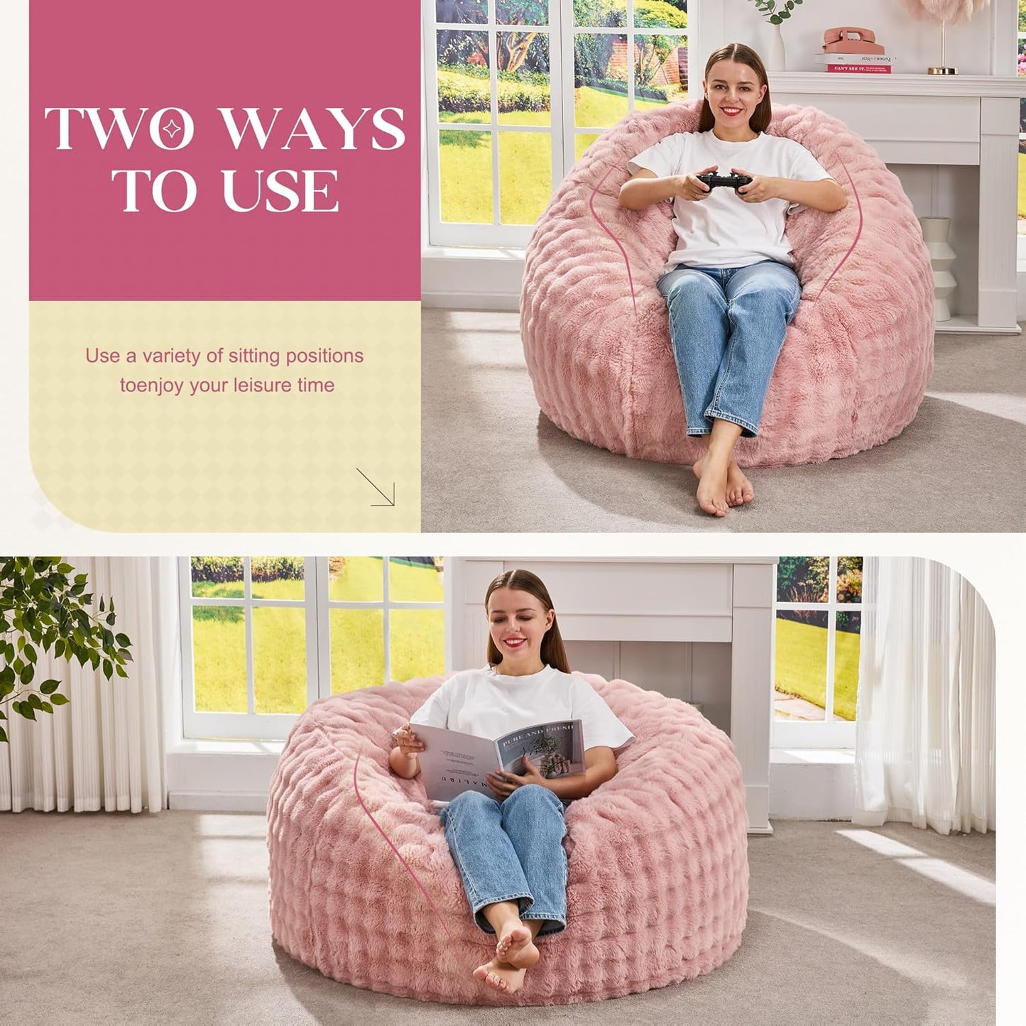 Hobestluk Bean Bag Chairs Beanbag Chair with Filler Adult Bean Bags with Fluffy & Machine Washable Cover, Giant Bean Bag Chairs for Adults (Pink, 3FT-36" x 36" x 22")