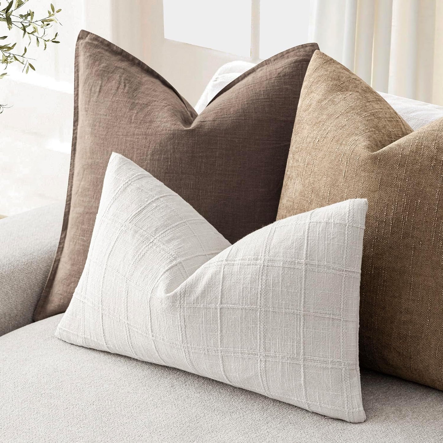 Foindtower Set of 2 Decorative Linen Check Throw Pillow Covers Neutral Farmhouse Lumbar Cushion Covers Modern Boho Home Decor for Sofa Chair Couch Bedroom Living Room Outdoor,12×20 Inch,Cream White