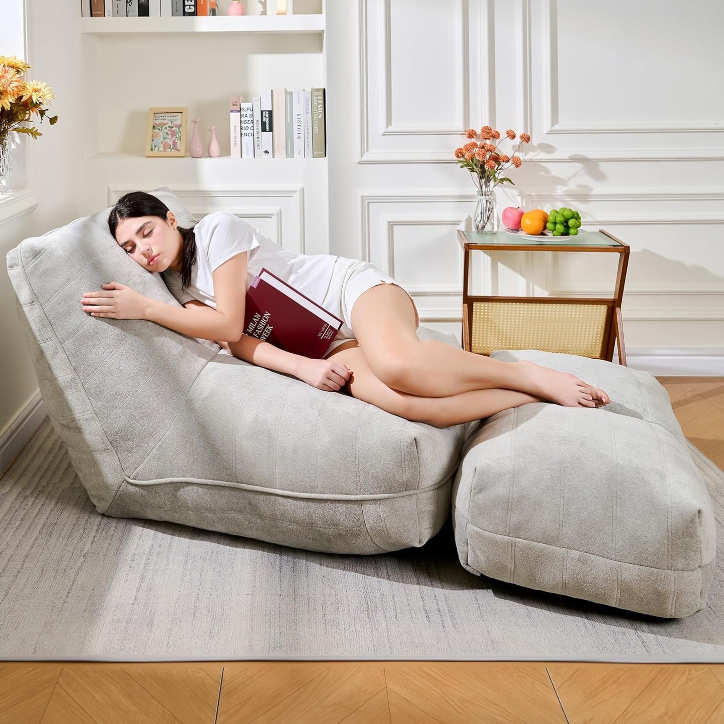 Bean Bag Chair with Ottoman, Comfy Bean Bag Sofa with Memory Foam, Lazy BeanBag Sofa with Footstool, Fireside Bean Bag Couch for Living Room, Bedroom, Apartment (Gray)