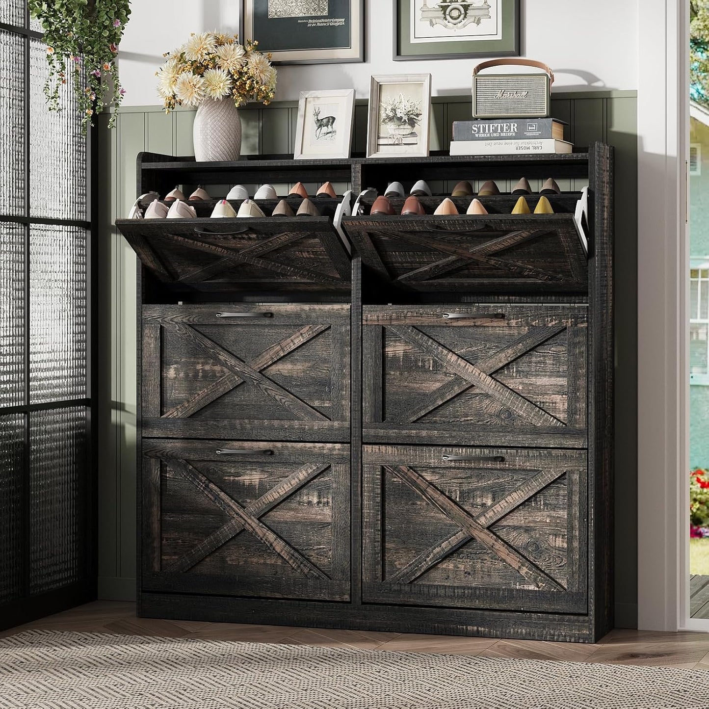 Maupvit Large Shoe Storage Cabinet with 6 Flip Drawers, Freestanding Shoe Organizer with Metal Handles for Entryway, Narrow Shoe Rack Cabinet, Dark Rustic Oak