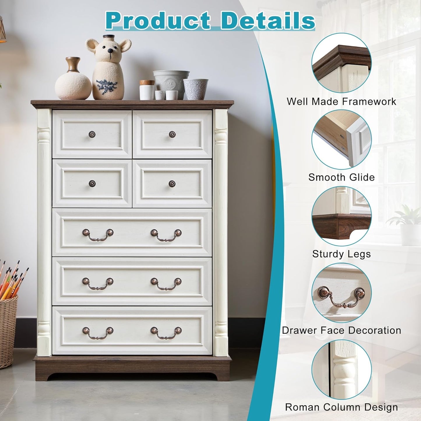 31.5" Farmhouse Sideboard Buffet Cabinet with Storage, Kitchen Buffet Storage Cabinet with 7 Drawers, Modern Wood Accent Sideboard for Living Room, Kitchen, Hallway(Antique White)