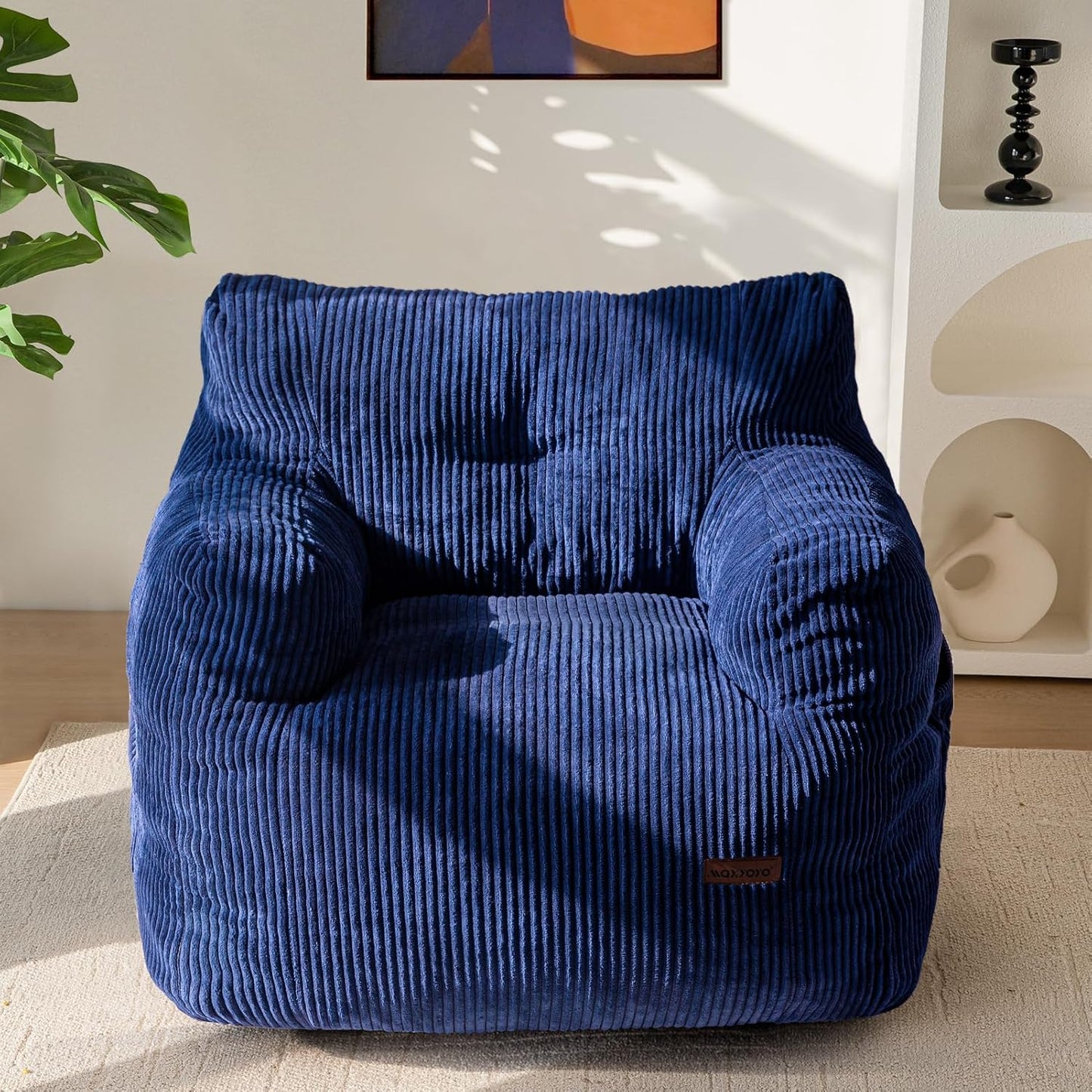 MAXYOYO Bean Bag Chair, Tufted Bean Bag Couch Lazy Chair, Living Room Sofa Couch with Filler for Adult Teens Kids, Corded Fabric Accent Sofa for Bedroom Dorm, Navy